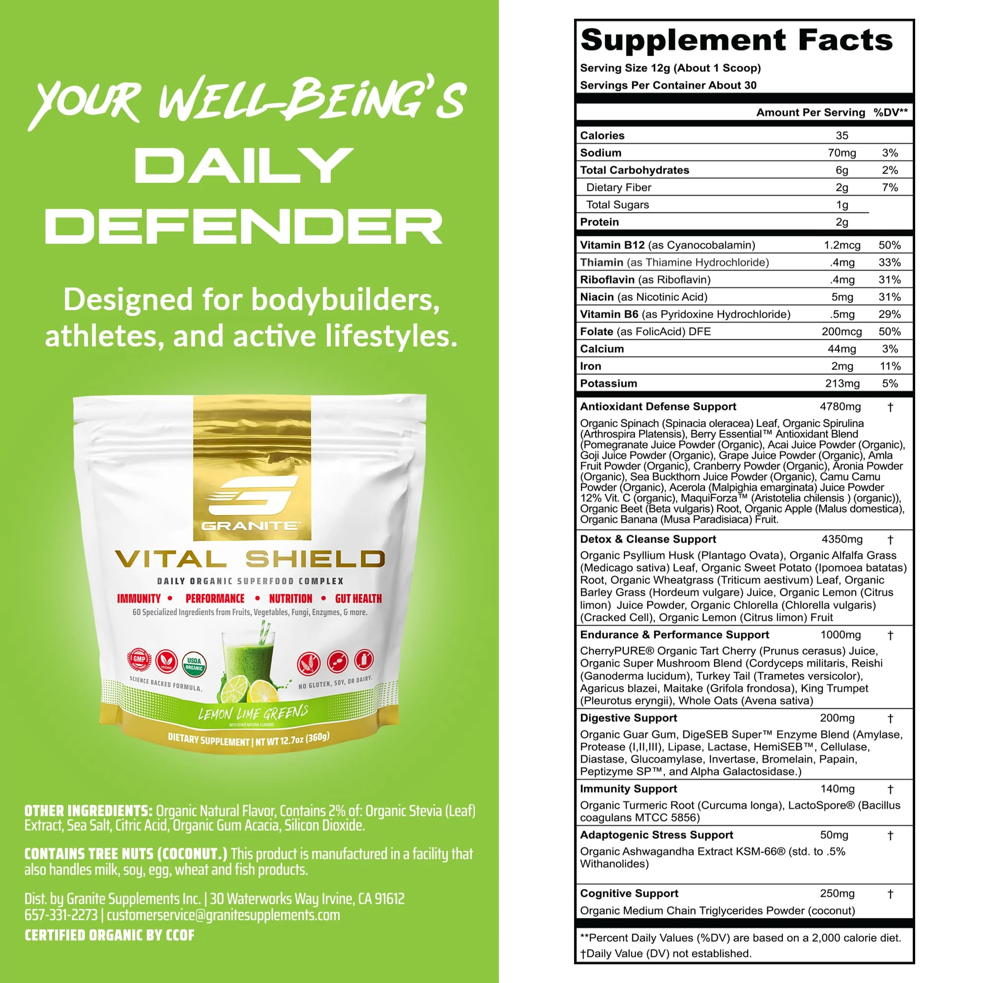 Granite Nutrition Vital Shield – USDA Organic Greens, Mushrooms & Tart Cherry (30 Servings) - Image 3