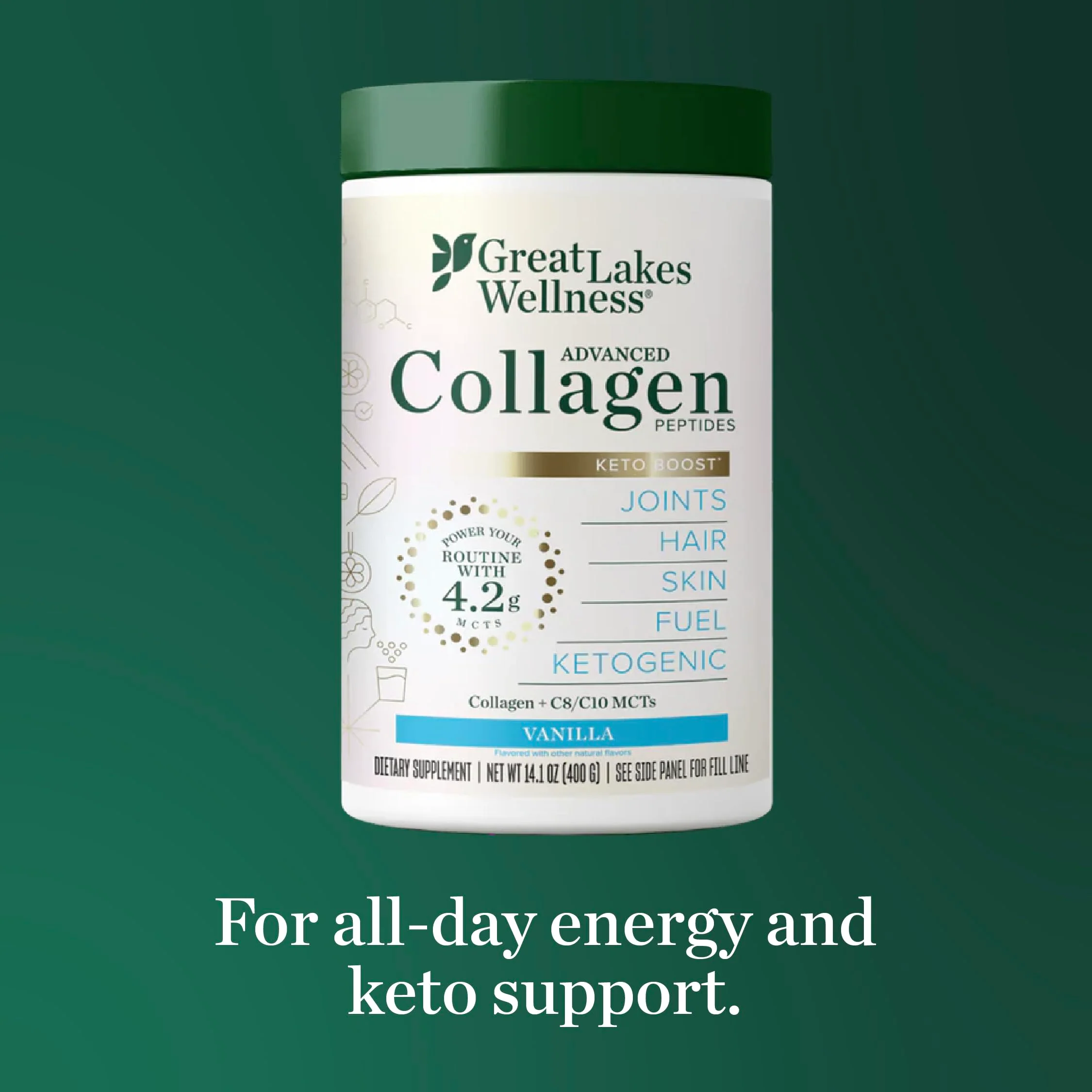 Great Lakes Wellness Keto Boost Collagen Peptides Powder – Vanilla, 14.1 oz | 4.2g MCTs, Non-Dairy Coffee Creamer, Non-GMO, Kosher - Image 8