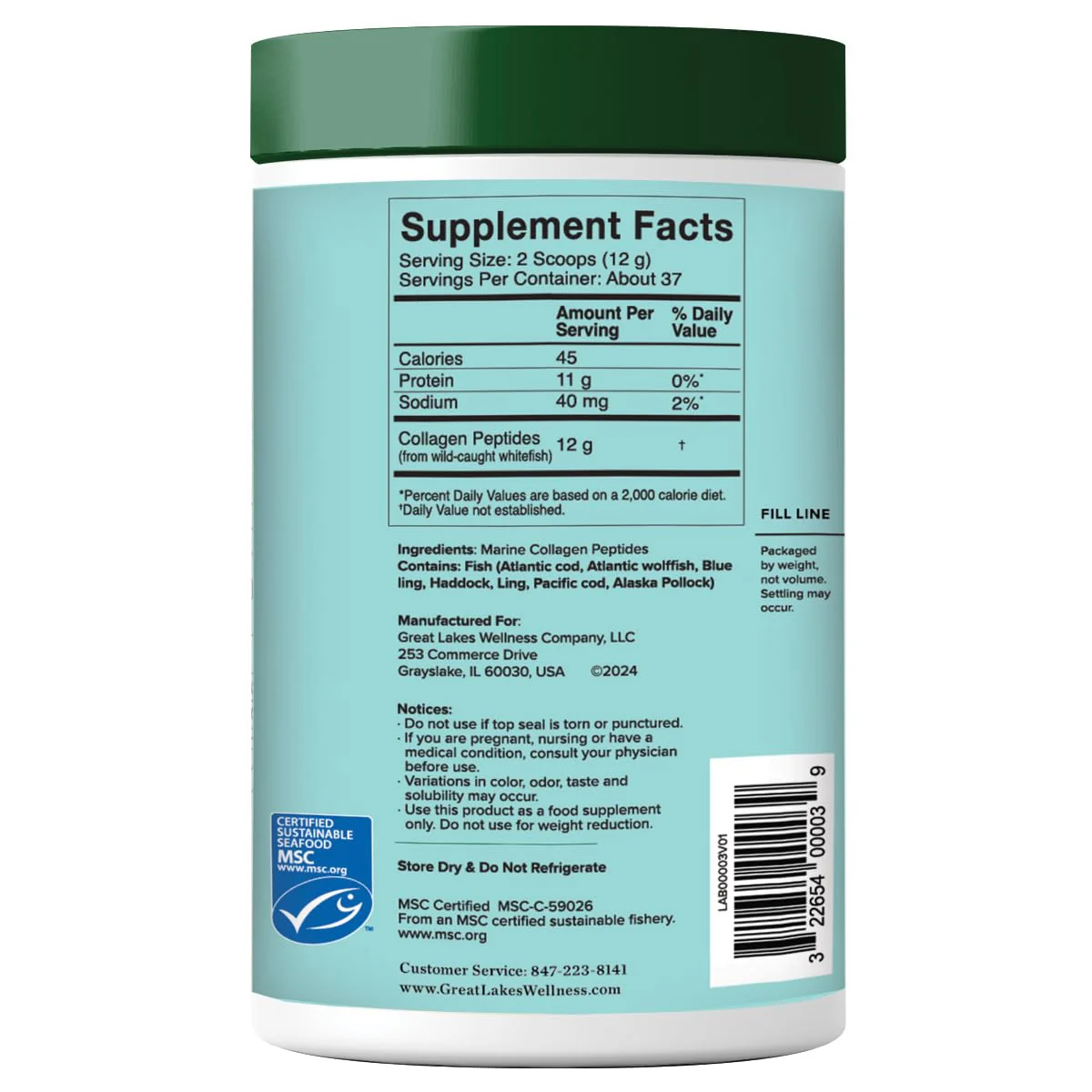 Great Lakes Wellness Marine Collagen Peptides Powder – Unflavored, 16 oz (Wild-Caught, MSC Certified) - Image 3