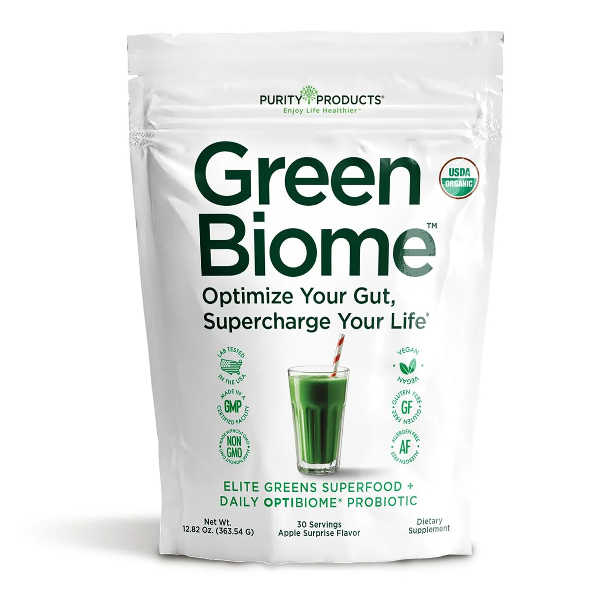 Green Biome Elite Organic Greens + OptiBiome Probiotic | Bloat Relief, Digestive Comfort, Regularity | Vegan, Gluten Free | Apple Flavor | 30 Servings