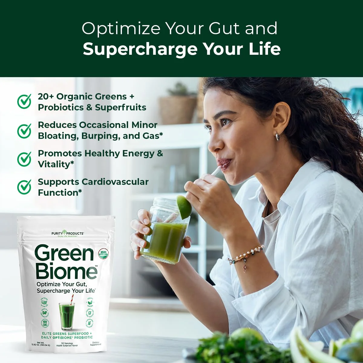 Green Biome Elite Organic Greens + OptiBiome Probiotic | Bloat Relief, Digestive Comfort, Regularity | Vegan, Gluten Free | Apple Flavor | 30 Servings - Image 4