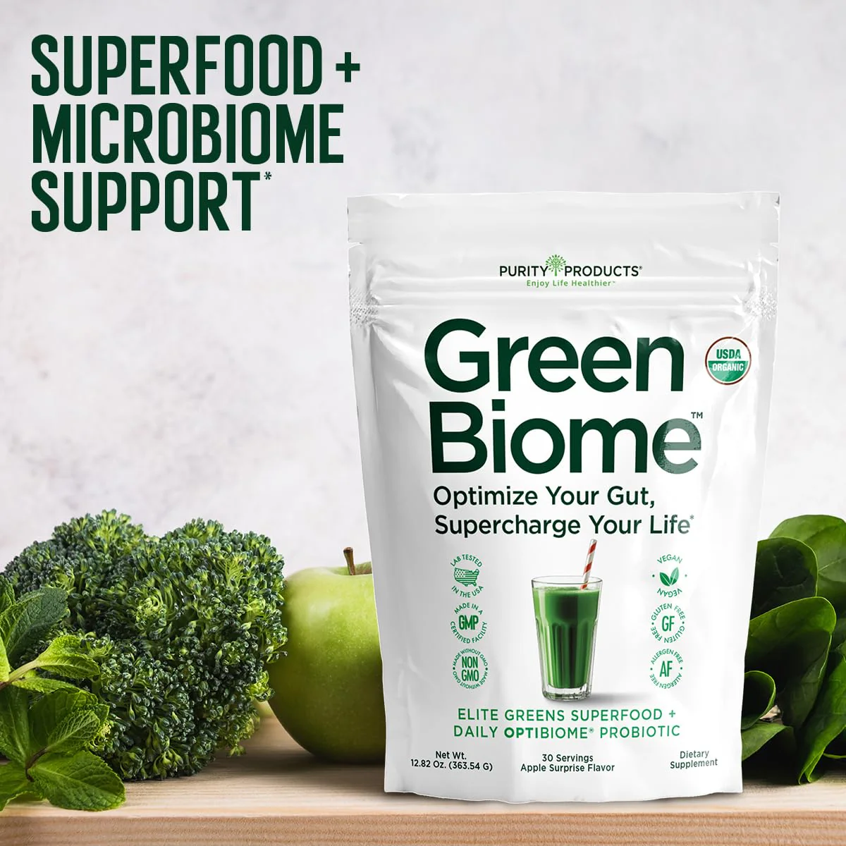 Green Biome Elite Organic Greens + OptiBiome Probiotic | Bloat Relief, Digestive Comfort, Regularity | Vegan, Gluten Free | Apple Flavor | 30 Servings - Image 5