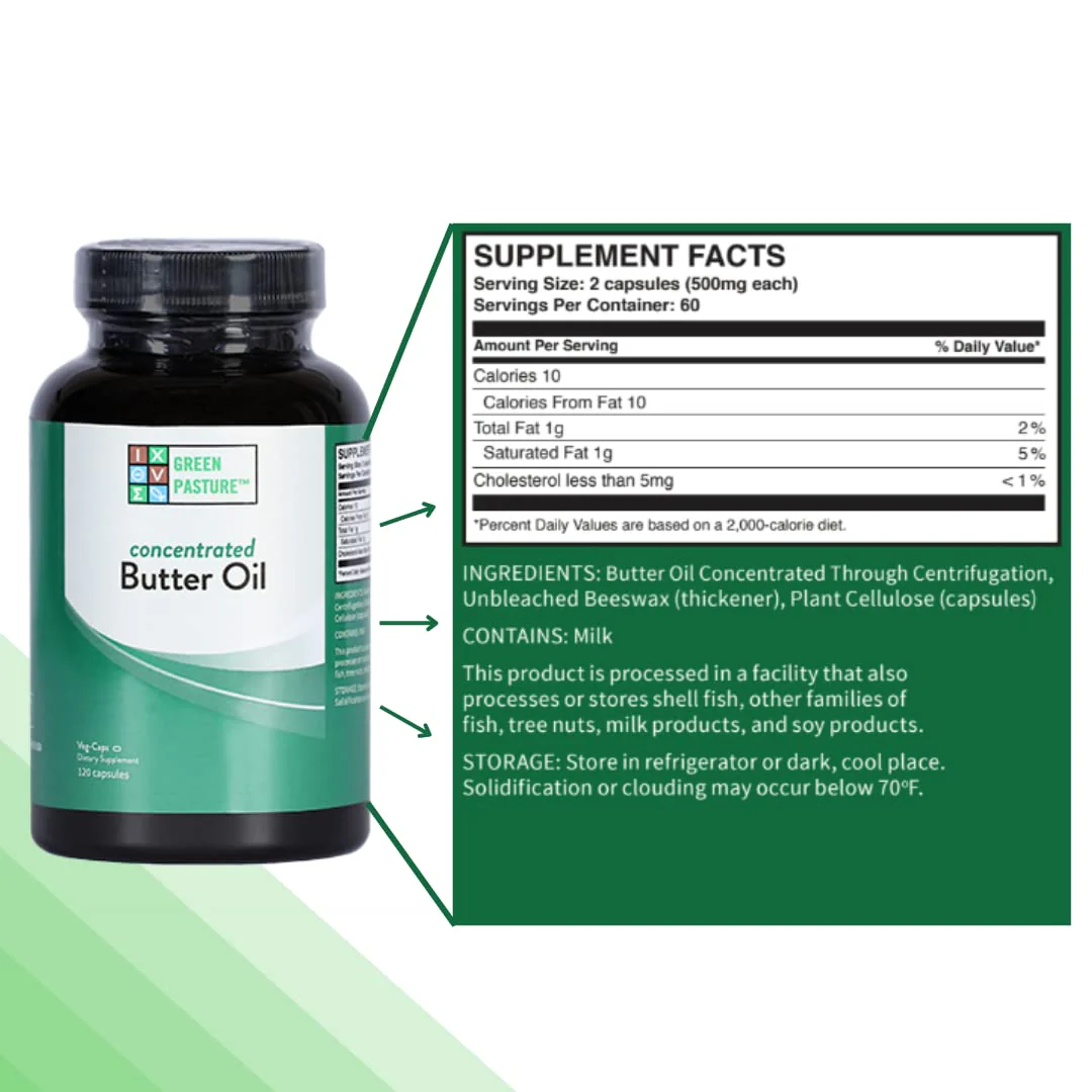 Green Pasture Concentrated Butter Oil Capsules | 120 Capsules | 60 Servings - Image 2
