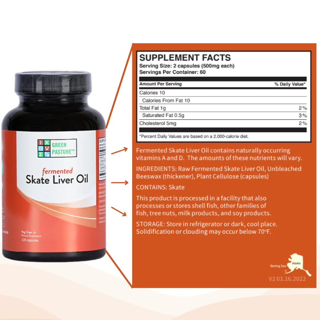 Green Pasture Fermented Skate Liver Oil - 120 Capsules | Vitamins A & D, Omega Fats - Image 4