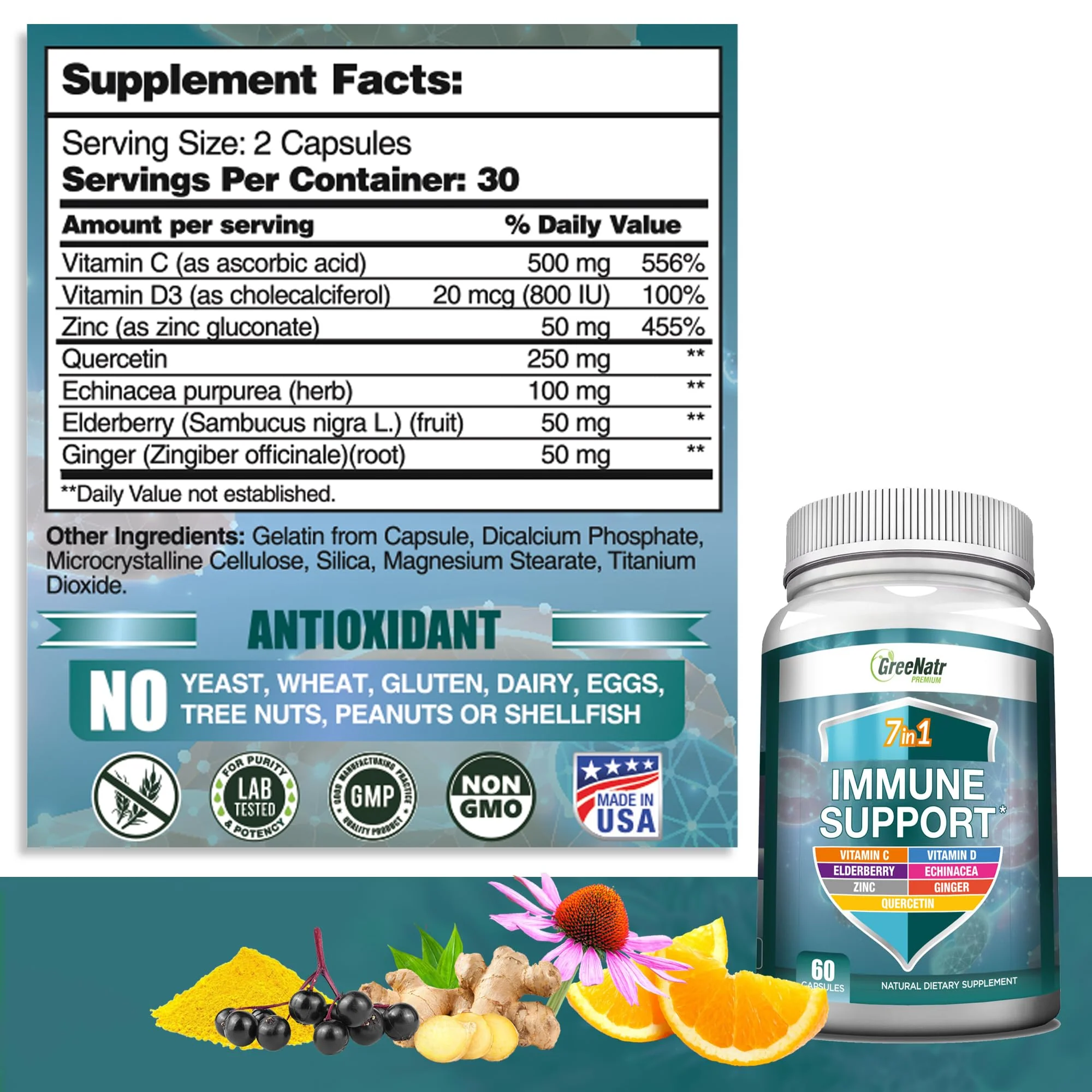GreeNatr Immune Support – Vitamin C, D3, Zinc 50mg, Quercetin, Echinacea, Elderberry – 60 Capsules - Image 4
