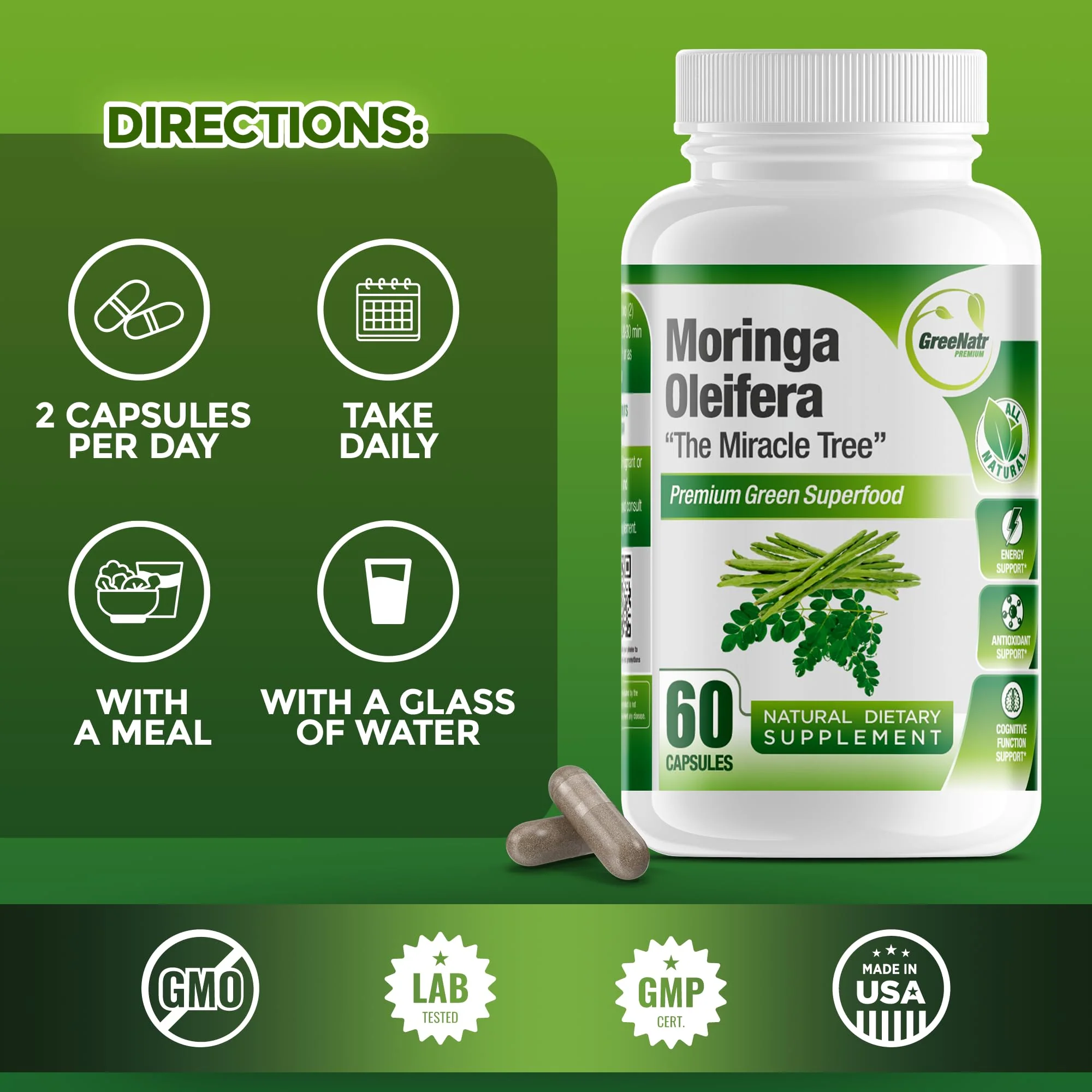 GreeNatr Pure Moringa Oleifera Capsule 1000 mg | Natural Energy & Focus | Premium Green Superfood (3 Bottles) - Image 25