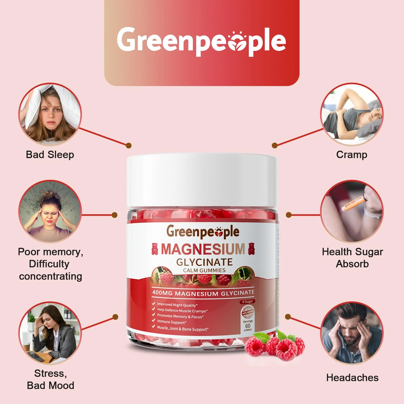 GREENPEOPLE Magnesium Glycinate Gummies 400mg — Sugar Free Raspberry Flavor, Vitamin D & B6 for Calm Support - Image 11