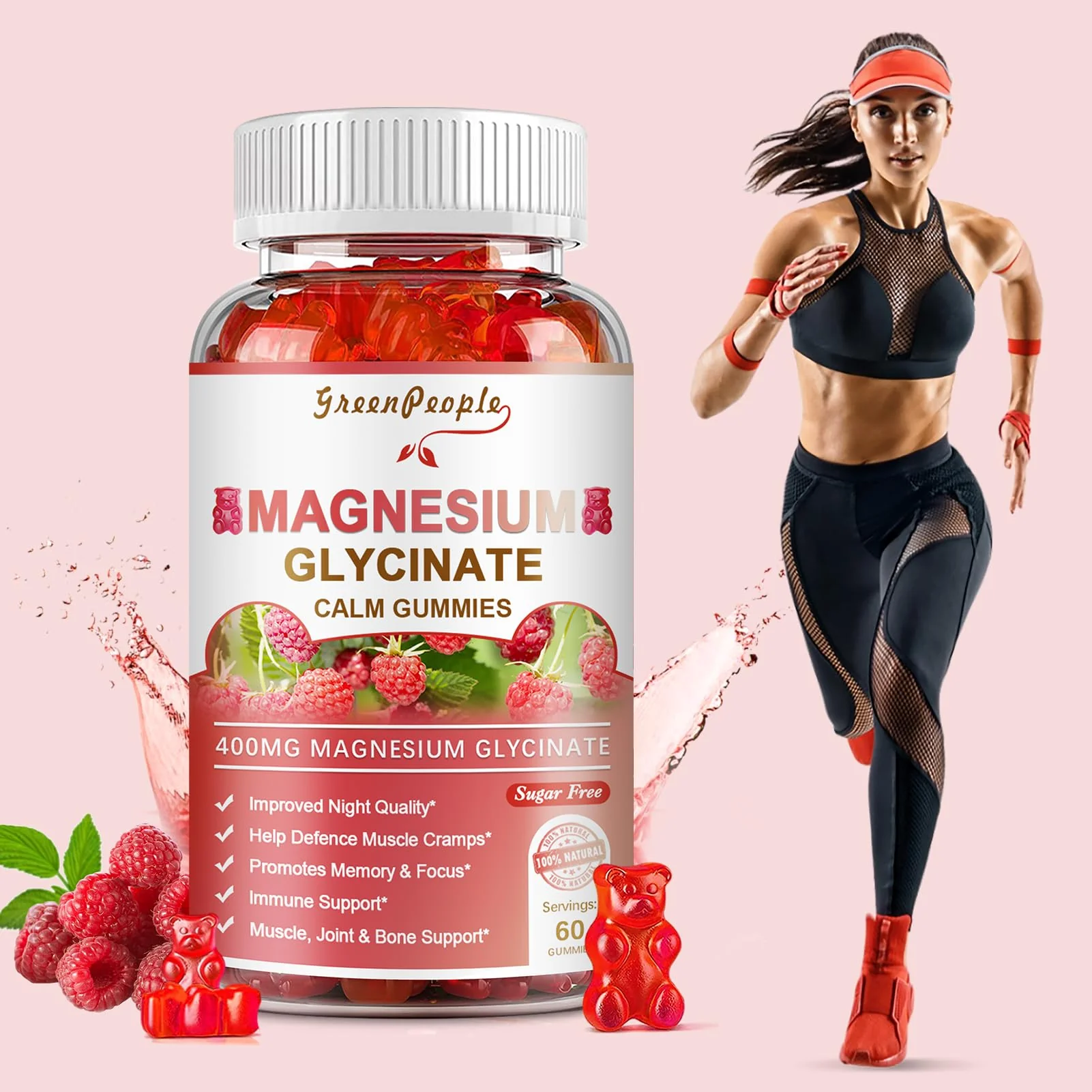 GREENPEOPLE Magnesium Glycinate Gummies 400mg — Sugar Free Raspberry Flavor, Vitamin D & B6 for Calm Support - Image 3