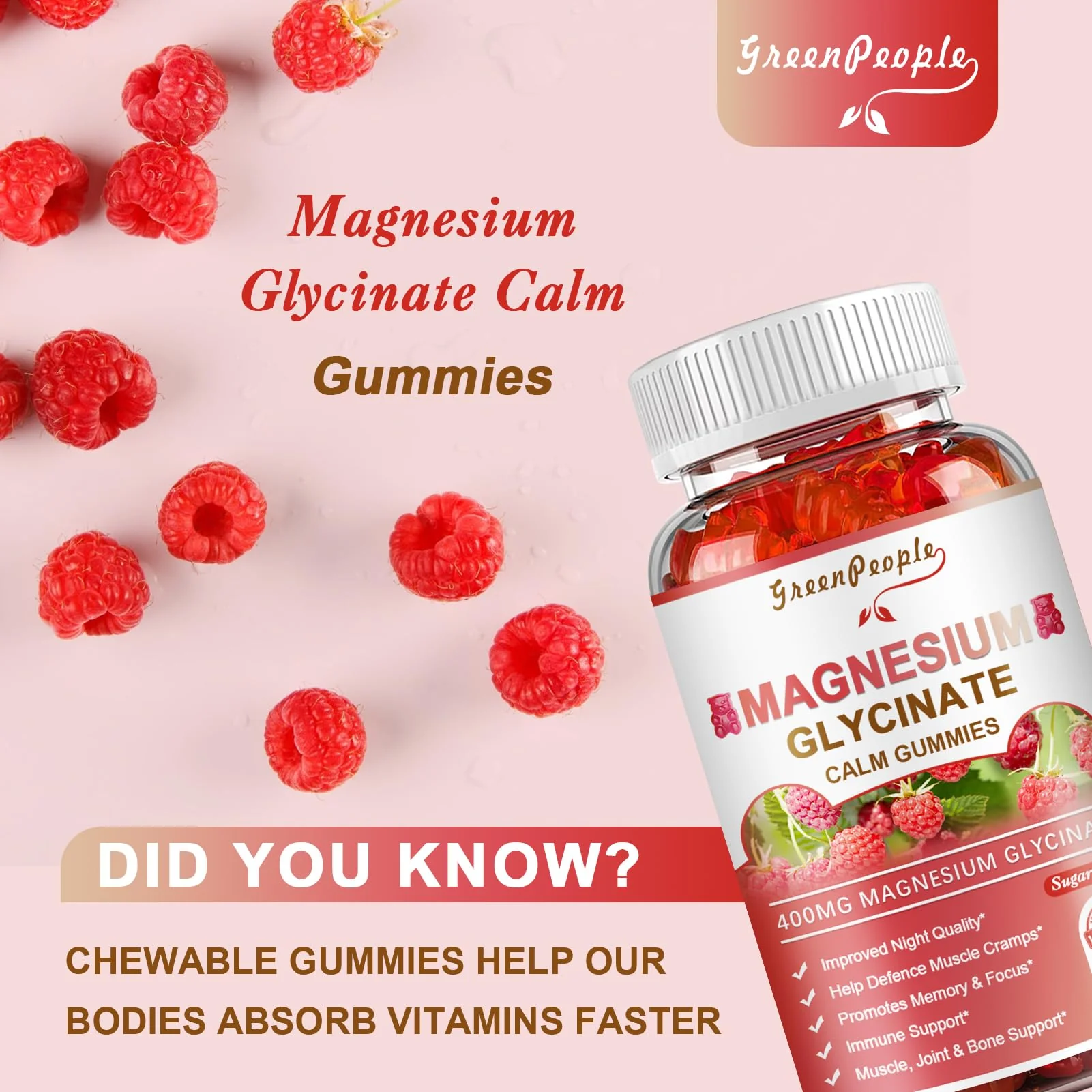 GREENPEOPLE Magnesium Glycinate Gummies 400mg — Sugar Free Raspberry Flavor, Vitamin D & B6 for Calm Support - Image 6