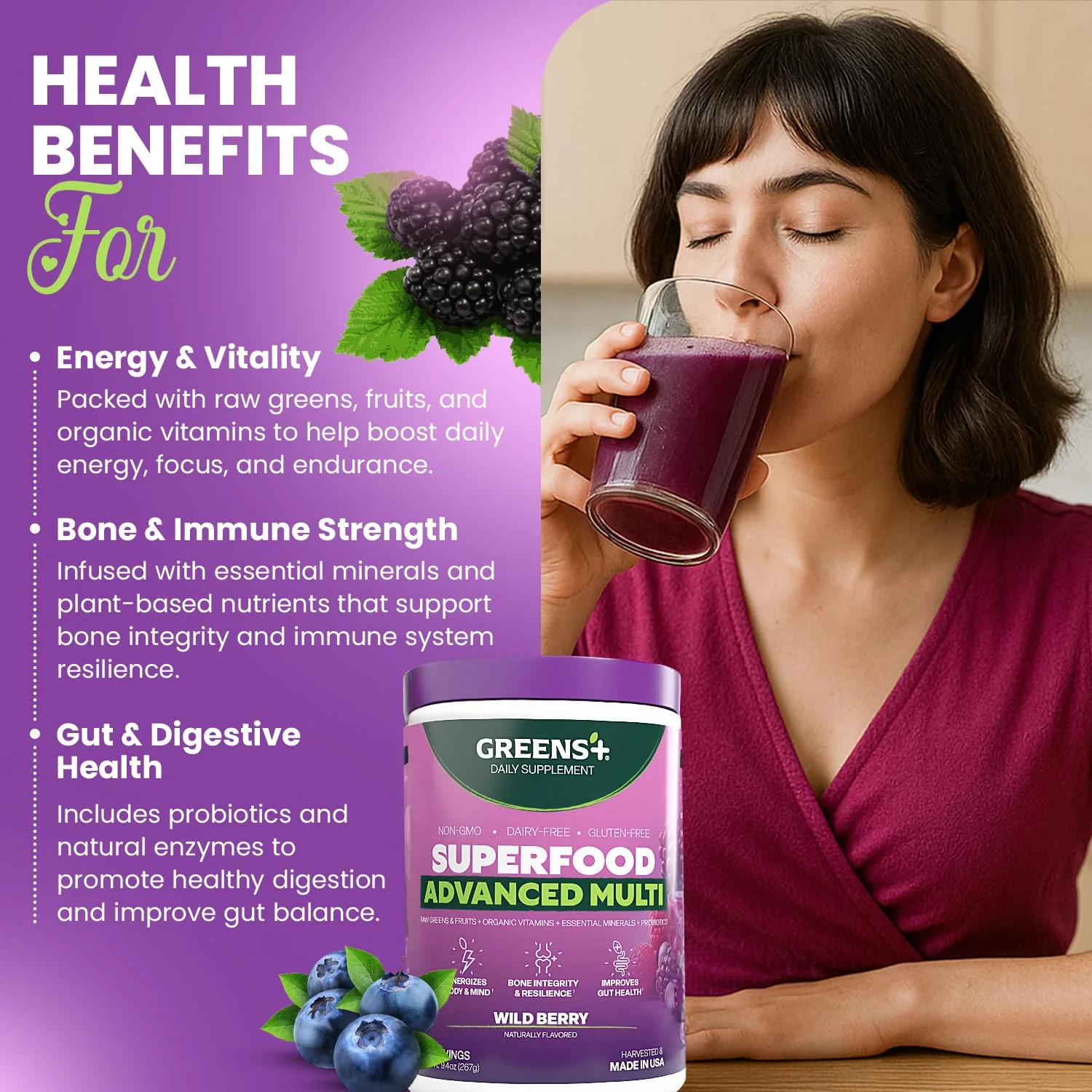 Greens+ Advanced Multi Wild Berry Superfood Powder – Organic, Vegan, Non-GMO (9.4 oz) - Image 12