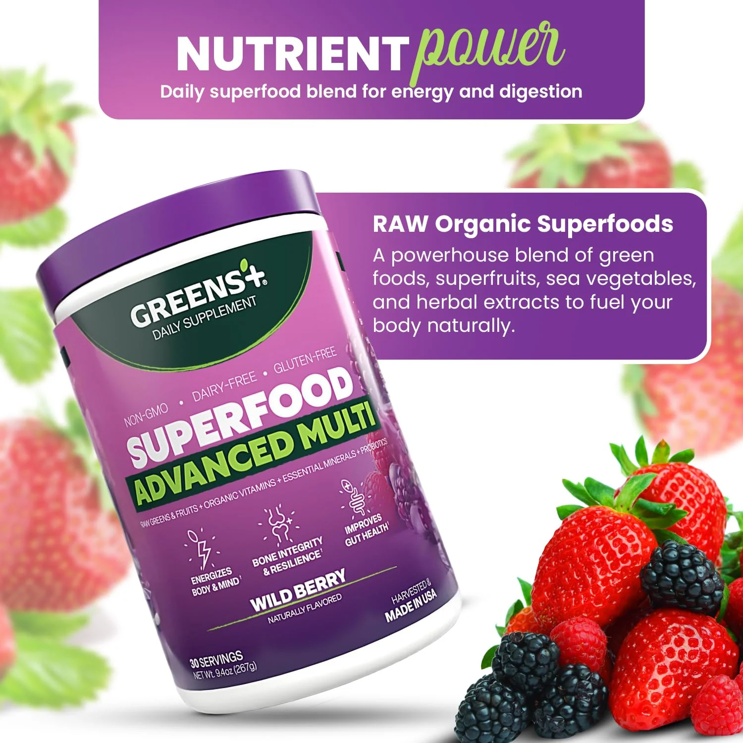 Greens+ Advanced Multi Wild Berry Superfood Powder – Organic, Vegan, Non-GMO (9.4 oz) - Image 14