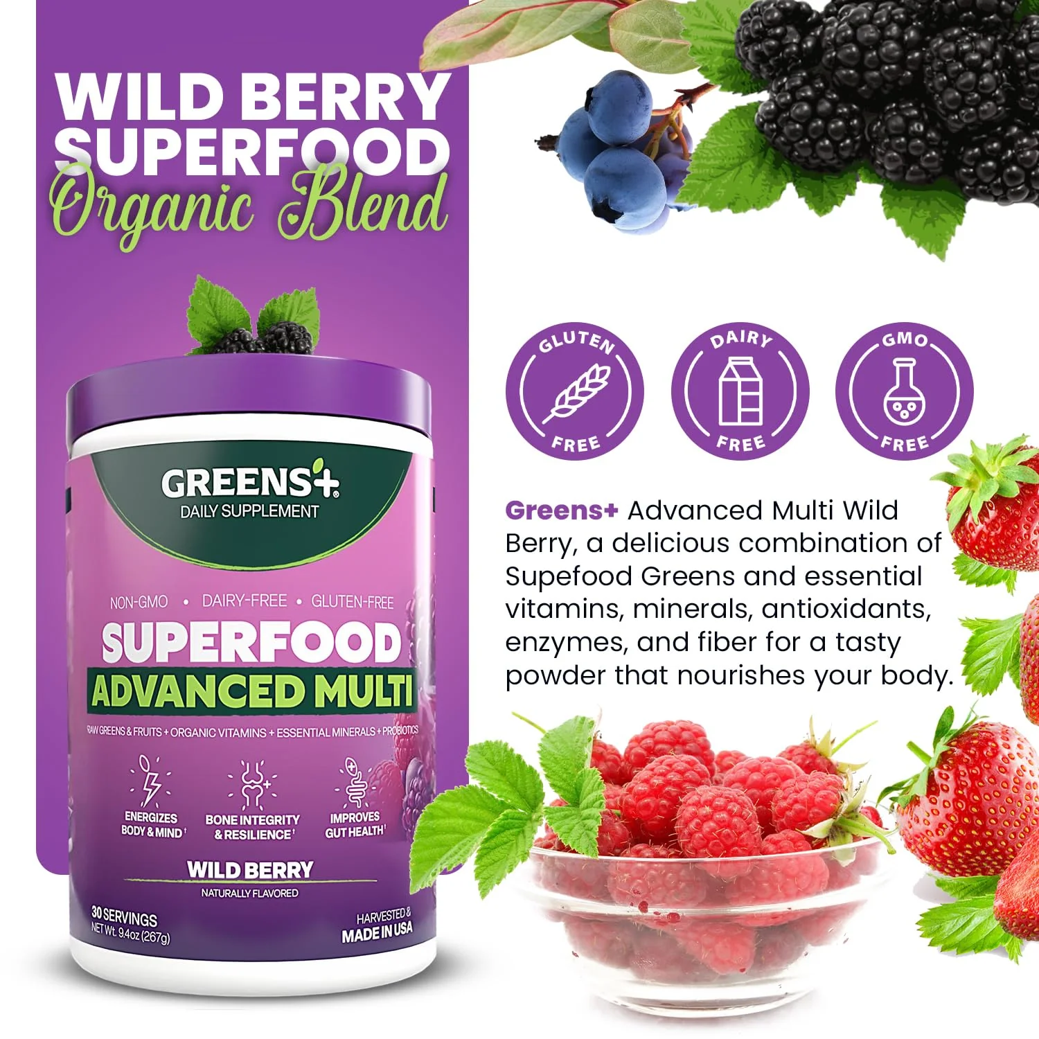Greens+ Advanced Multi Wild Berry Superfood Powder – Organic, Vegan, Non-GMO (9.4 oz) - Image 3