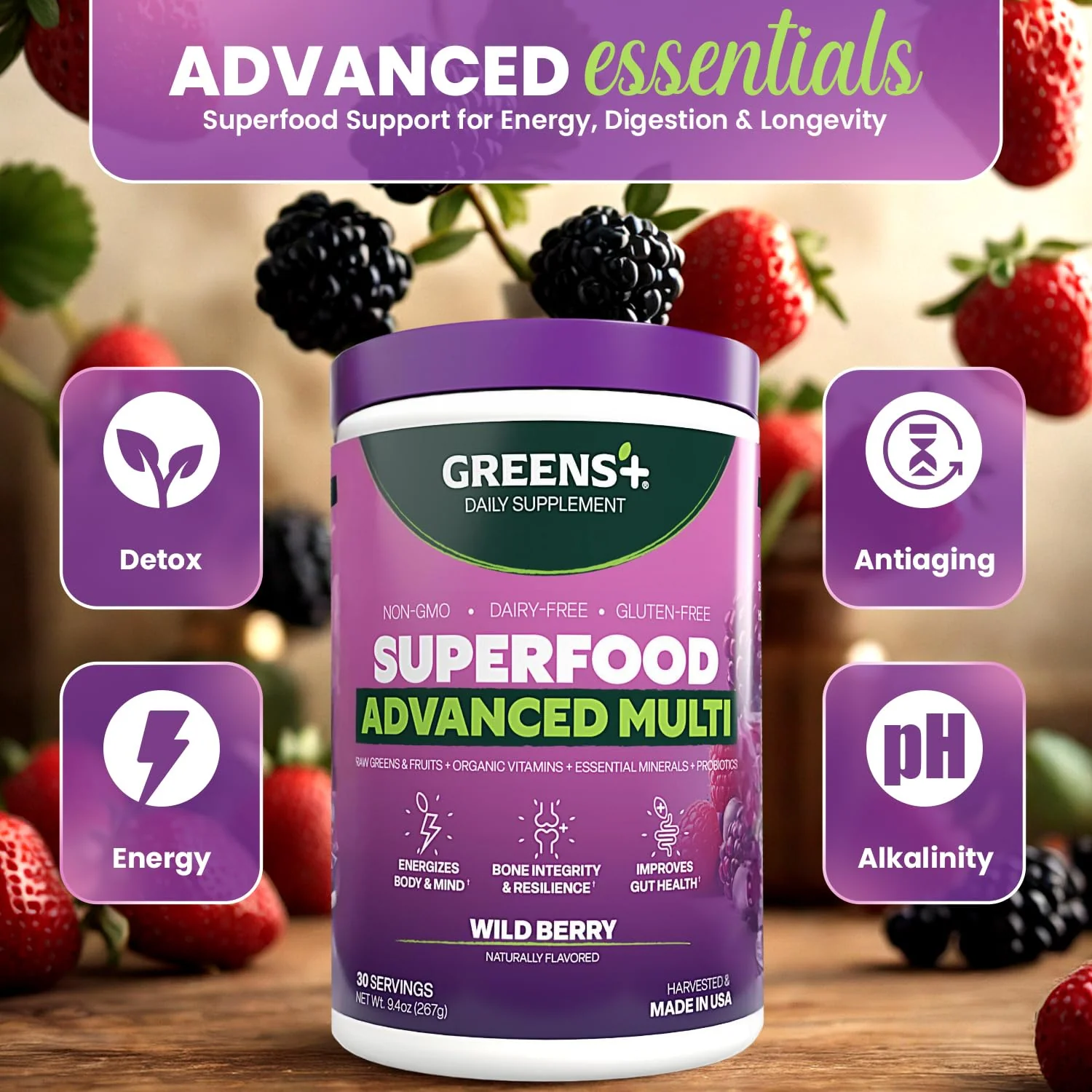 Greens+ Advanced Multi Wild Berry Superfood Powder – Organic, Vegan, Non-GMO (9.4 oz) - Image 5