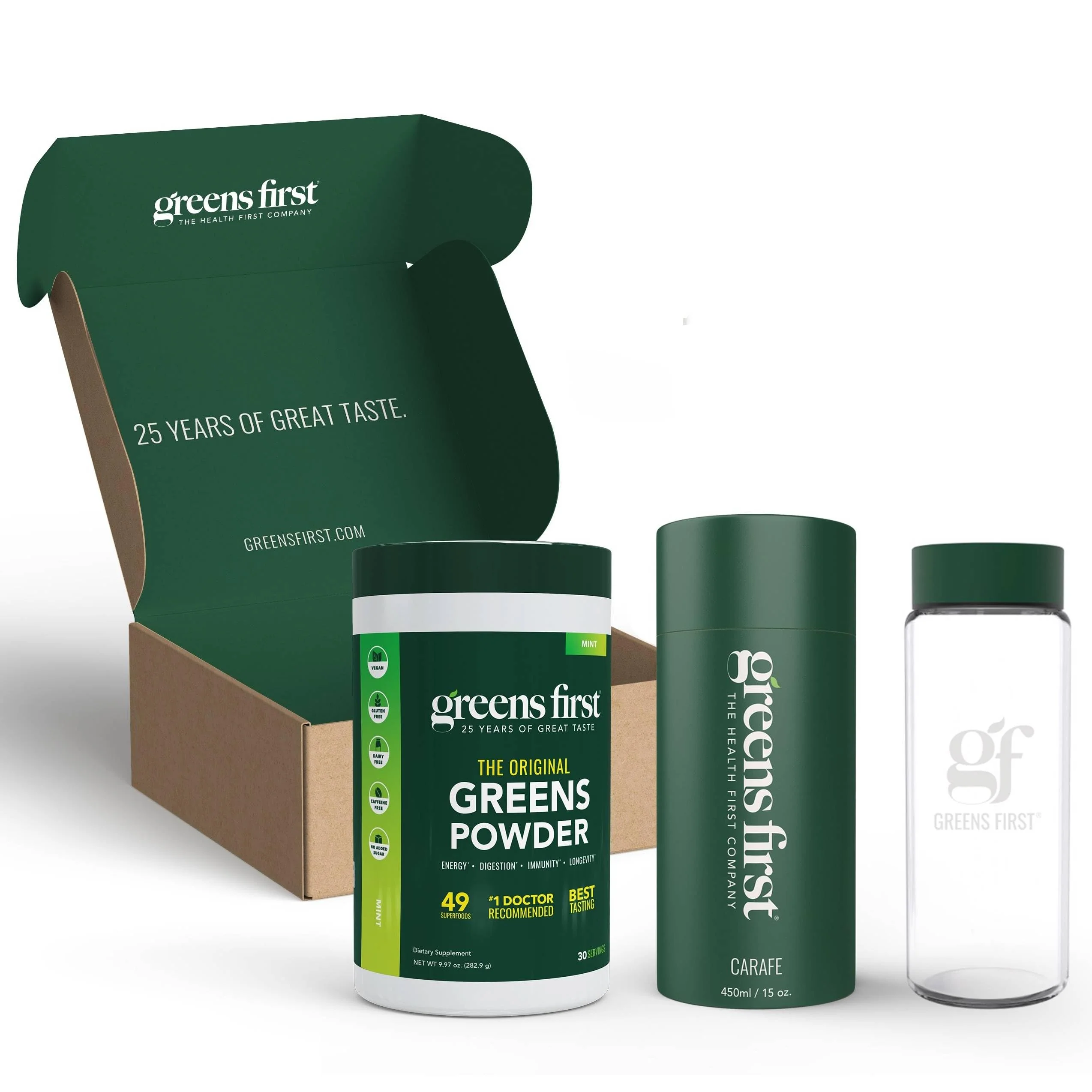 Greens First Gift Set - Limited Edition 25th Anniversary Glass Carafe & Mint Greens Powder (49 Superfoods) - Image 10