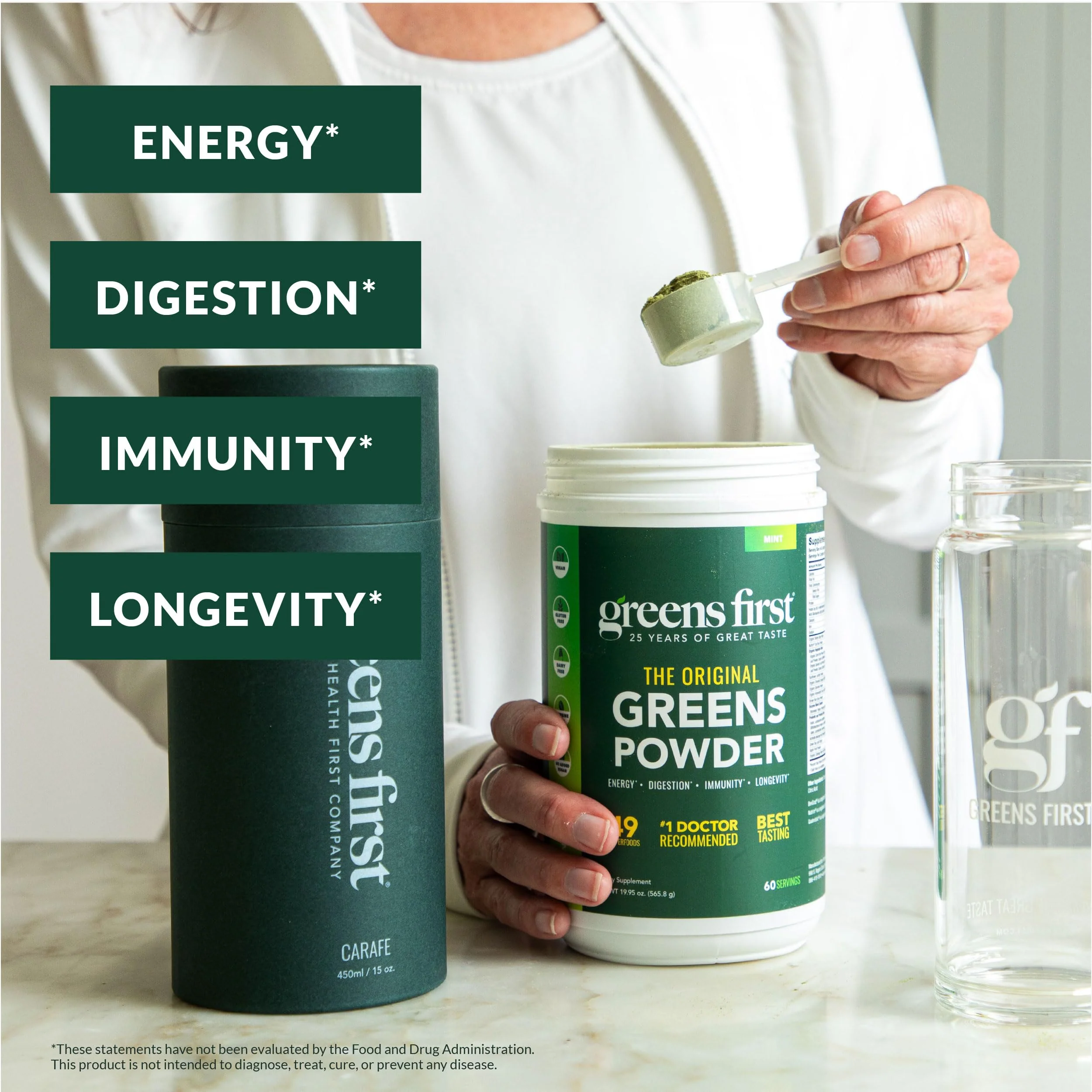 Greens First Gift Set - Limited Edition 25th Anniversary Glass Carafe & Mint Greens Powder (49 Superfoods) - Image 3