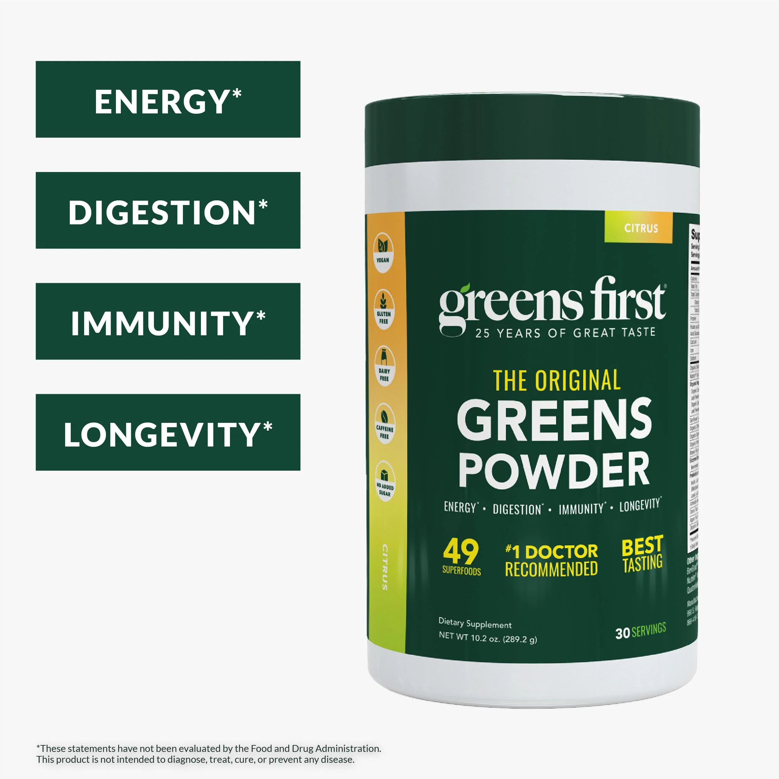 Greens First Original Greens Powder - 49 Superfoods, Prebiotics & Probiotics, Citrus, 30 Servings - Image 2