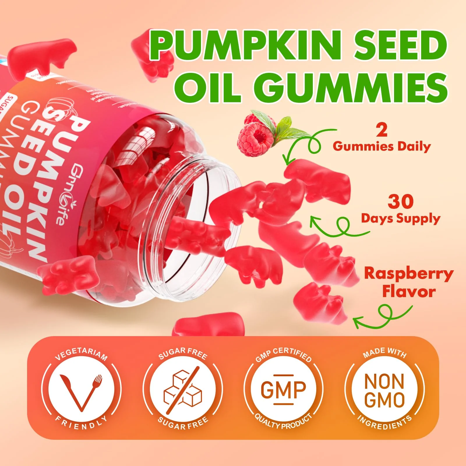 GrnLife Pumpkin Seed Oil Gummies with Saw Palmetto - 2 Pack, Raspberry, 120 Count - Image 6