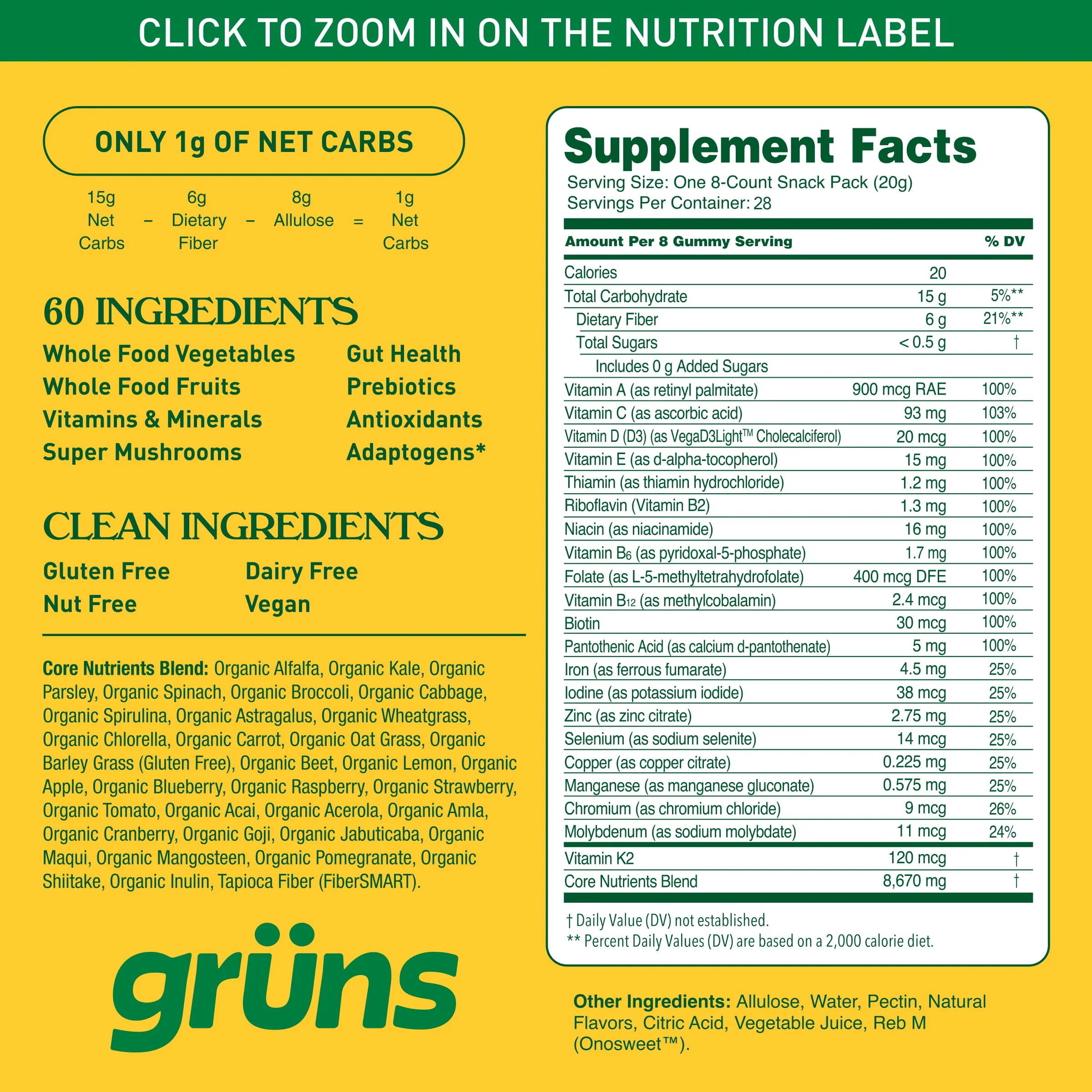 Grüns Adult Sugar-Free Super Greens Gummies – Multivitamin with 60+ Ingredients, 28 Daily Packets - Image 16