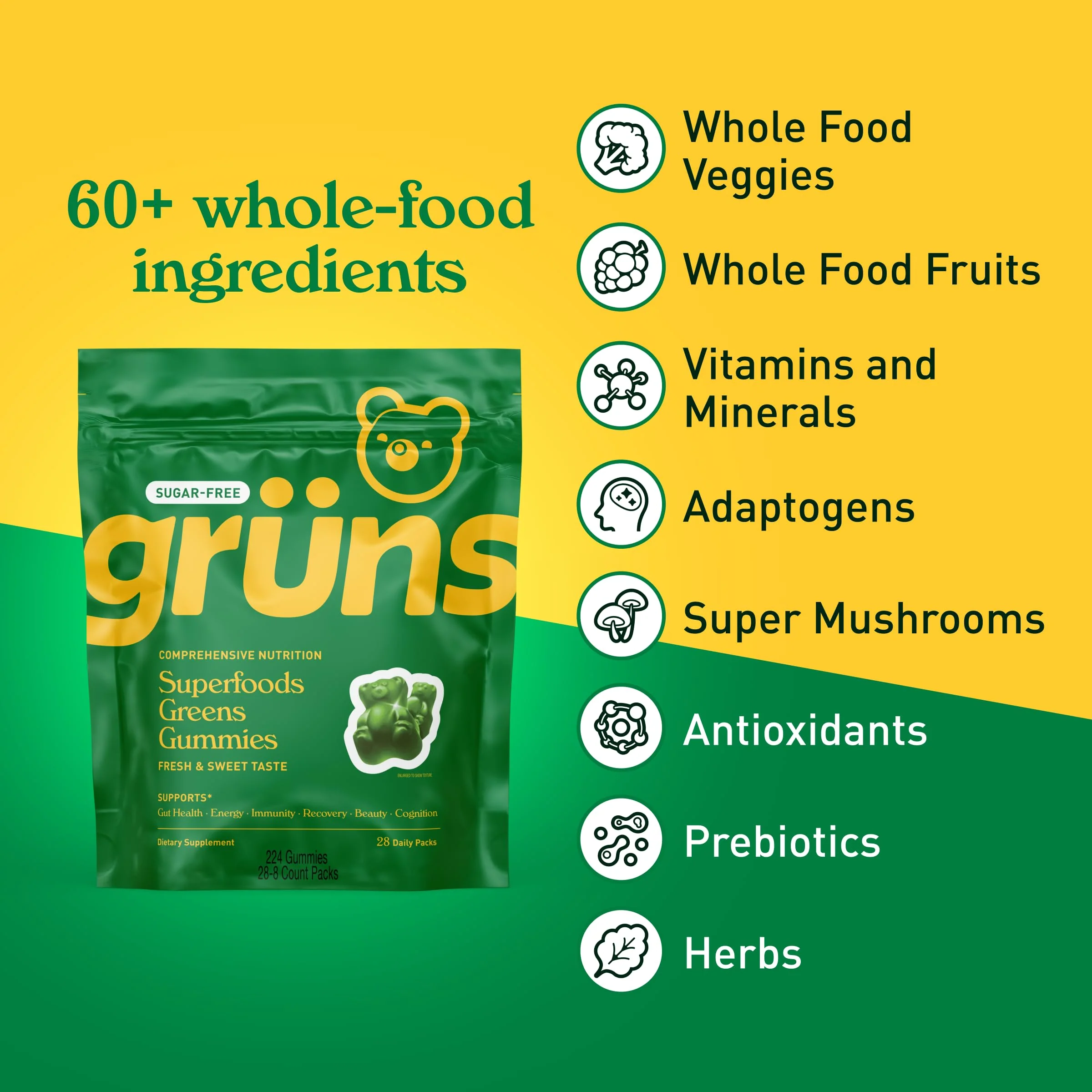 Grüns Adult Sugar-Free Super Greens Gummies – Multivitamin with 60+ Ingredients, 28 Daily Packets - Image 2
