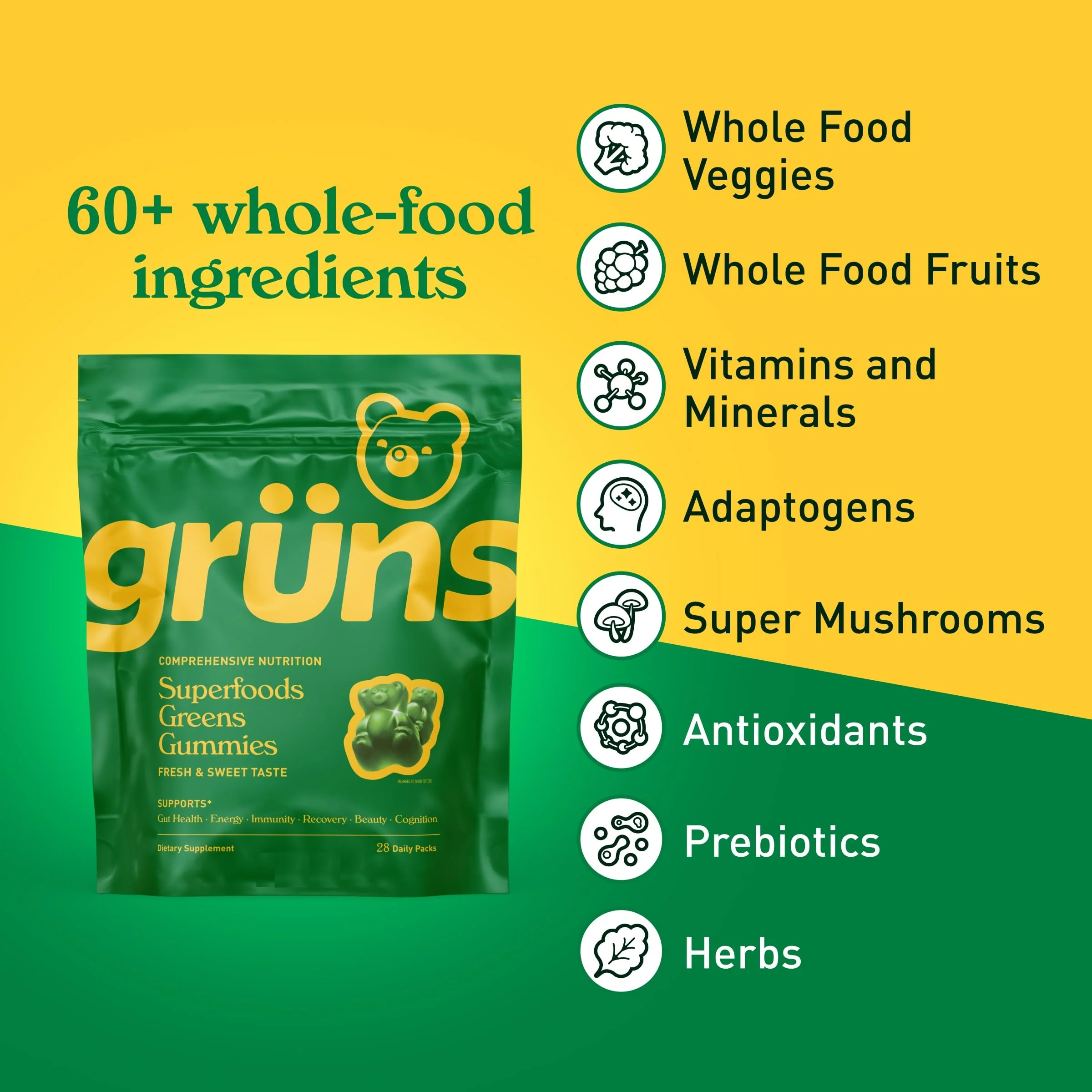 Grüns Adults Super Greens Gummies – Multivitamin, Digestive Health, Adaptogens - Image 2