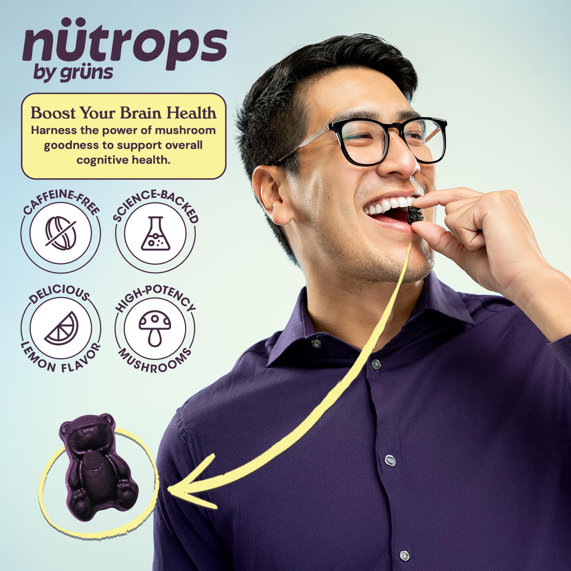 Grüns Nutrops Sugar-Free Lions Mane Gummies — Focus, Energy & Brain Health (28 Day Supply) - Image 2