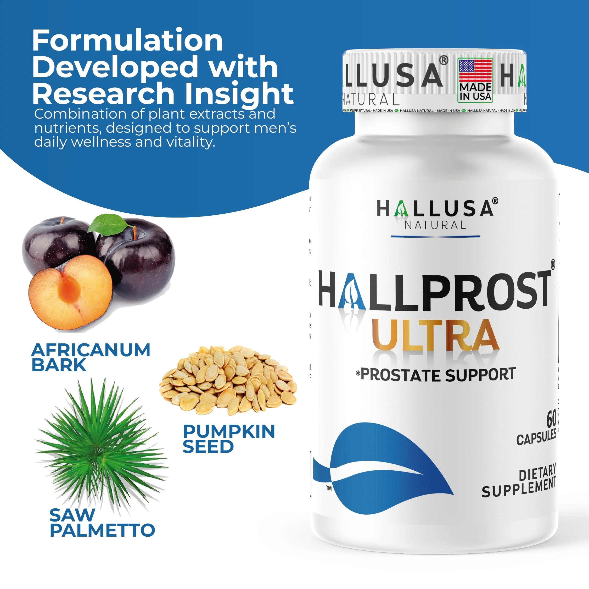 Hallusa Natural HallPROST Ultra Prostate Health Supplement for Men – Saw Palmetto, Lycopene, Pygeum, Zinc, Magnesium, Vitamin E | 60 Capsules - Image 3