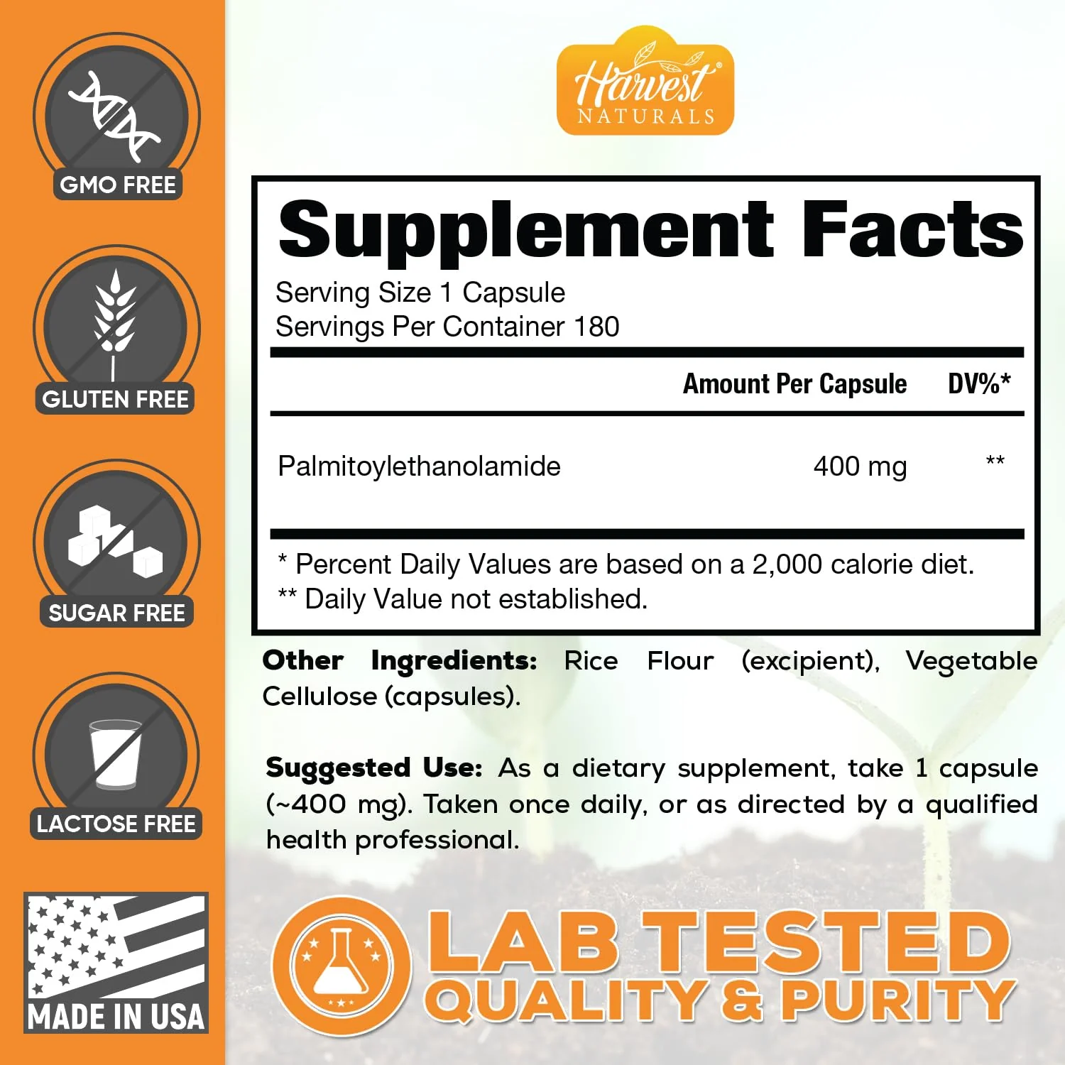 HARVEST NATURALS Palmitoylethanolamide (PEA) Capsules 400mg | 180 Count | Inflammation & Discomfort Support | Lab Tested Ingredients - Image 12