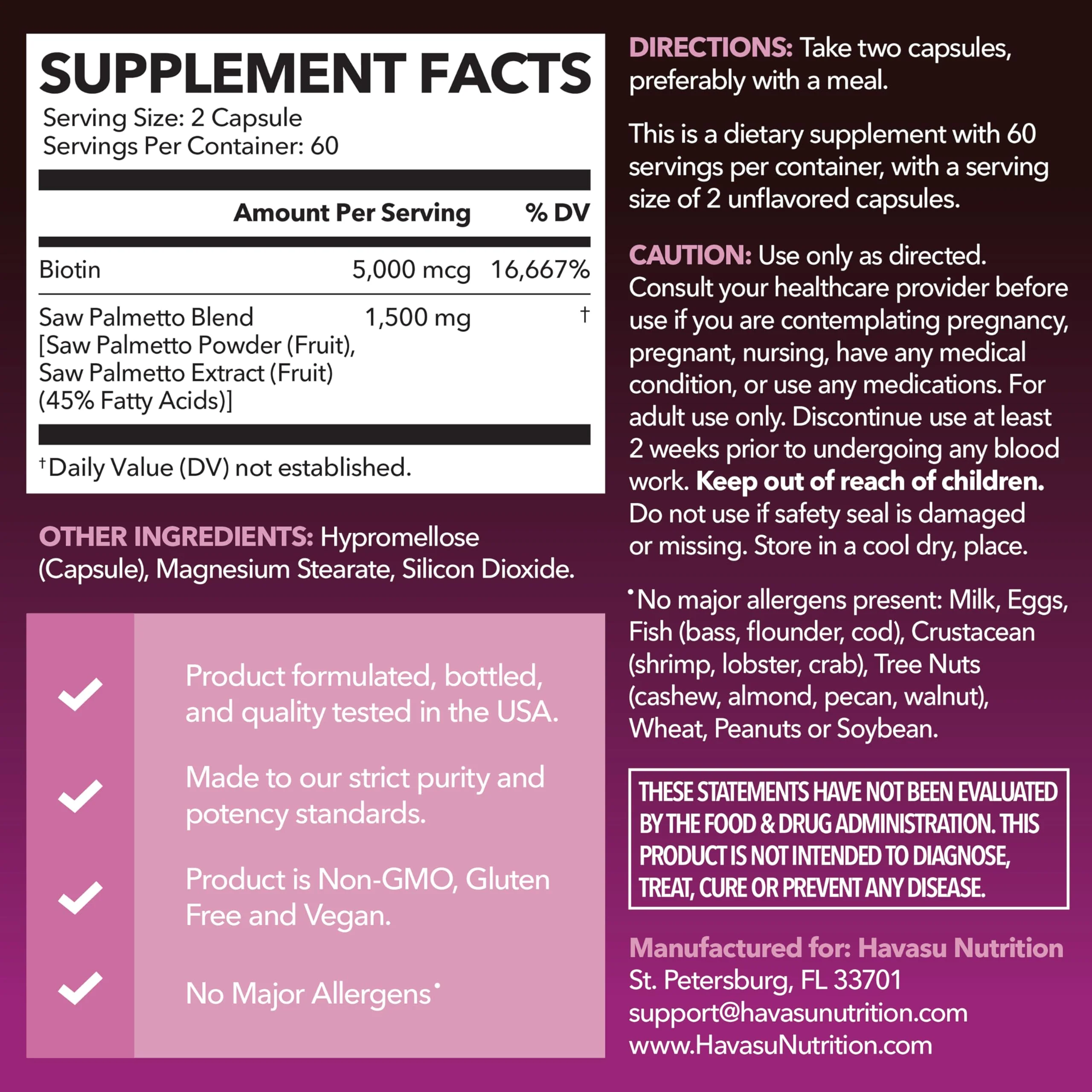 HAVASU Nutrition Saw Palmetto with Biotin 5000mcg - Vegan, Non-GMO DHT Support for Hair, Skin & Nails - 120 Count - Image 2