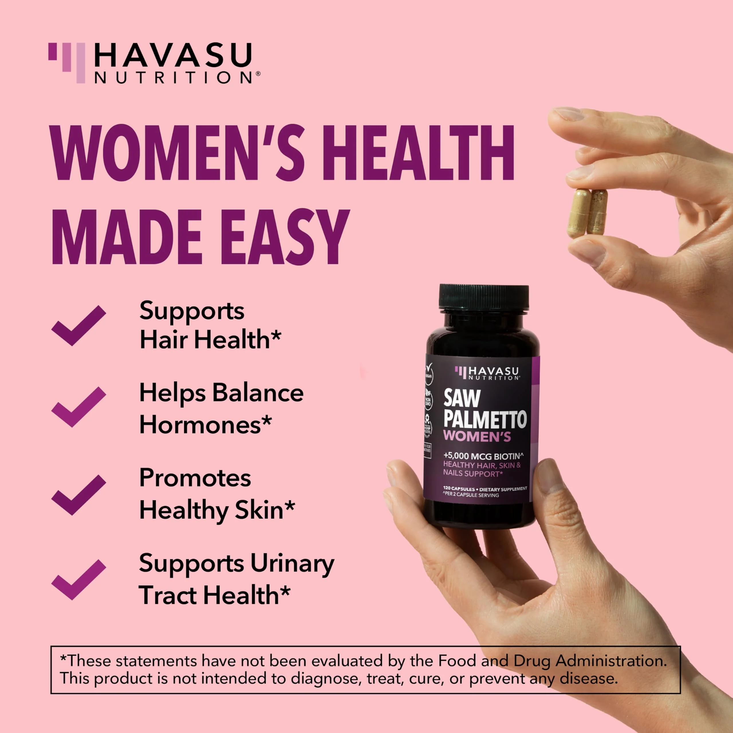 HAVASU Nutrition Saw Palmetto with Biotin 5000mcg - Vegan, Non-GMO DHT Support for Hair, Skin & Nails - 120 Count - Image 3