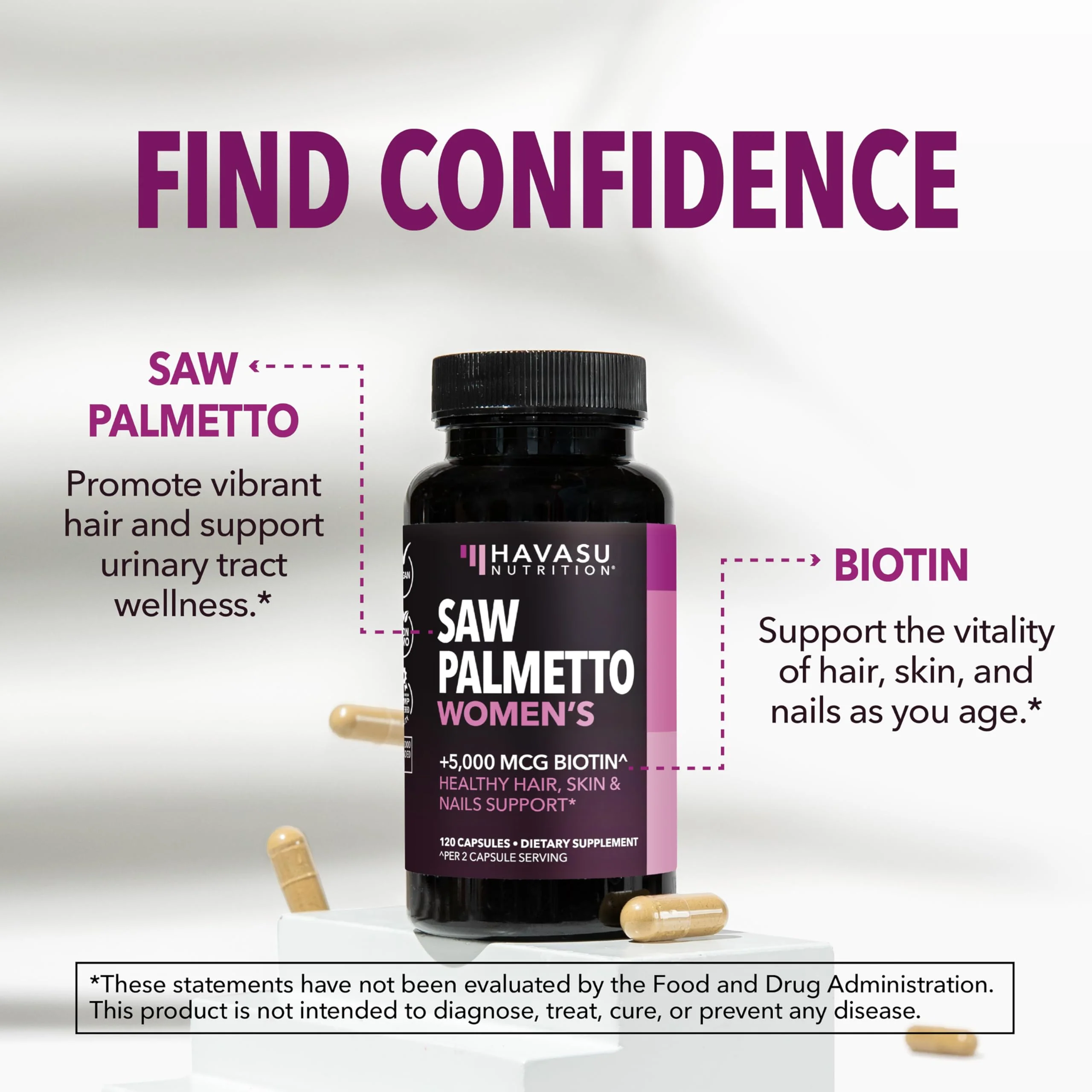 HAVASU Nutrition Saw Palmetto with Biotin 5000mcg - Vegan, Non-GMO DHT Support for Hair, Skin & Nails - 120 Count - Image 4