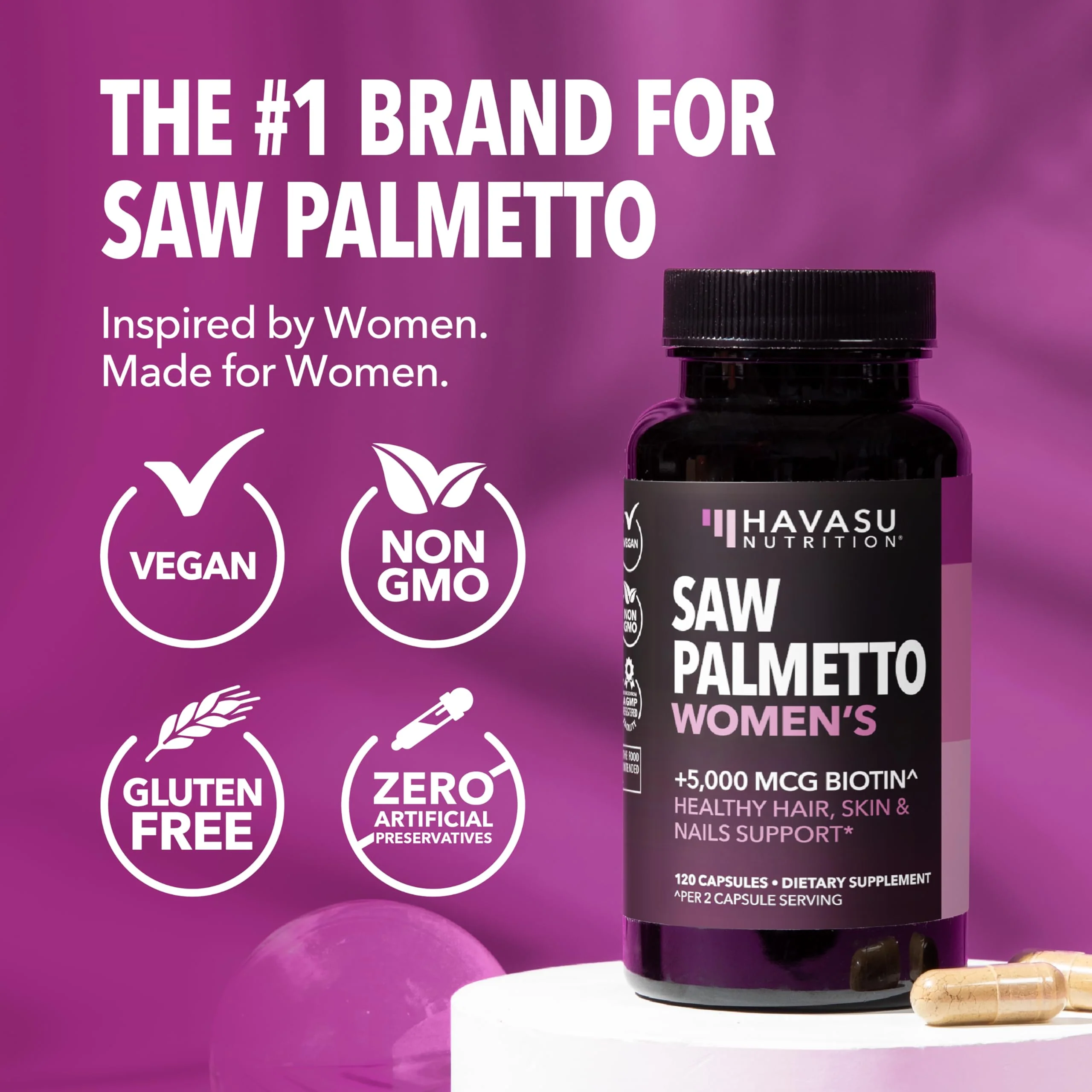 HAVASU Nutrition Saw Palmetto with Biotin 5000mcg - Vegan, Non-GMO DHT Support for Hair, Skin & Nails - 120 Count - Image 8