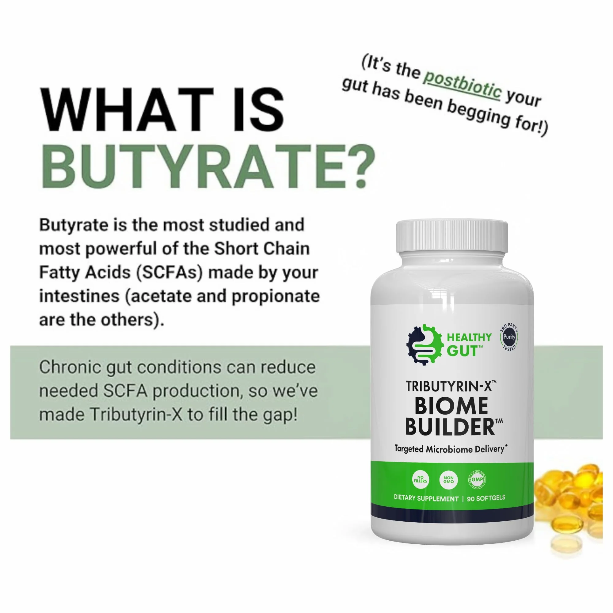 Healthy Gut Tributyrin-X | Most Bioavailable Butyrate Postbiotic for Gut Health & Leaky Gut Support | 99.9% Pure Odorless Softgels | 90 Softgels - Image 11