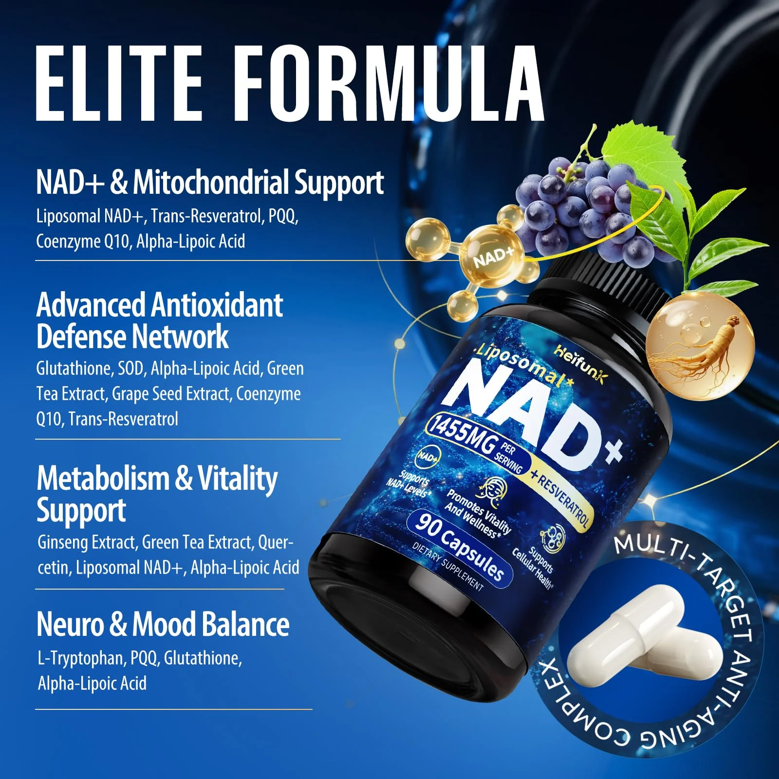 heifunk NAD+ Supplement | 1455mg Liposomal NAD+ with Resveratrol, CoQ10 & PQQ | 90 Vegan Capsules for Energy, Focus & Healthy Aging - Image 12