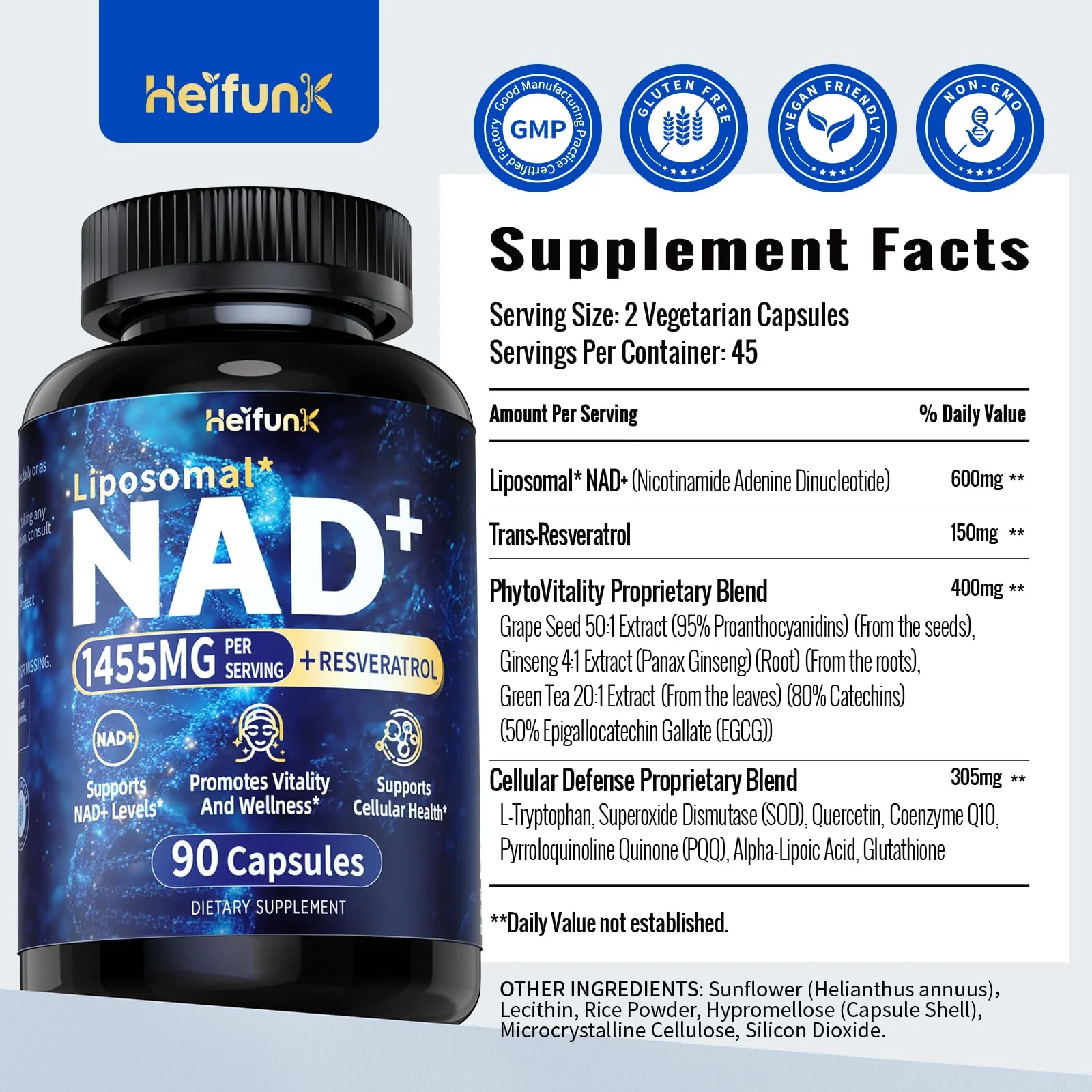 heifunk NAD+ Supplement | 1455mg Liposomal NAD+ with Resveratrol, CoQ10 & PQQ | 90 Vegan Capsules for Energy, Focus & Healthy Aging - Image 16