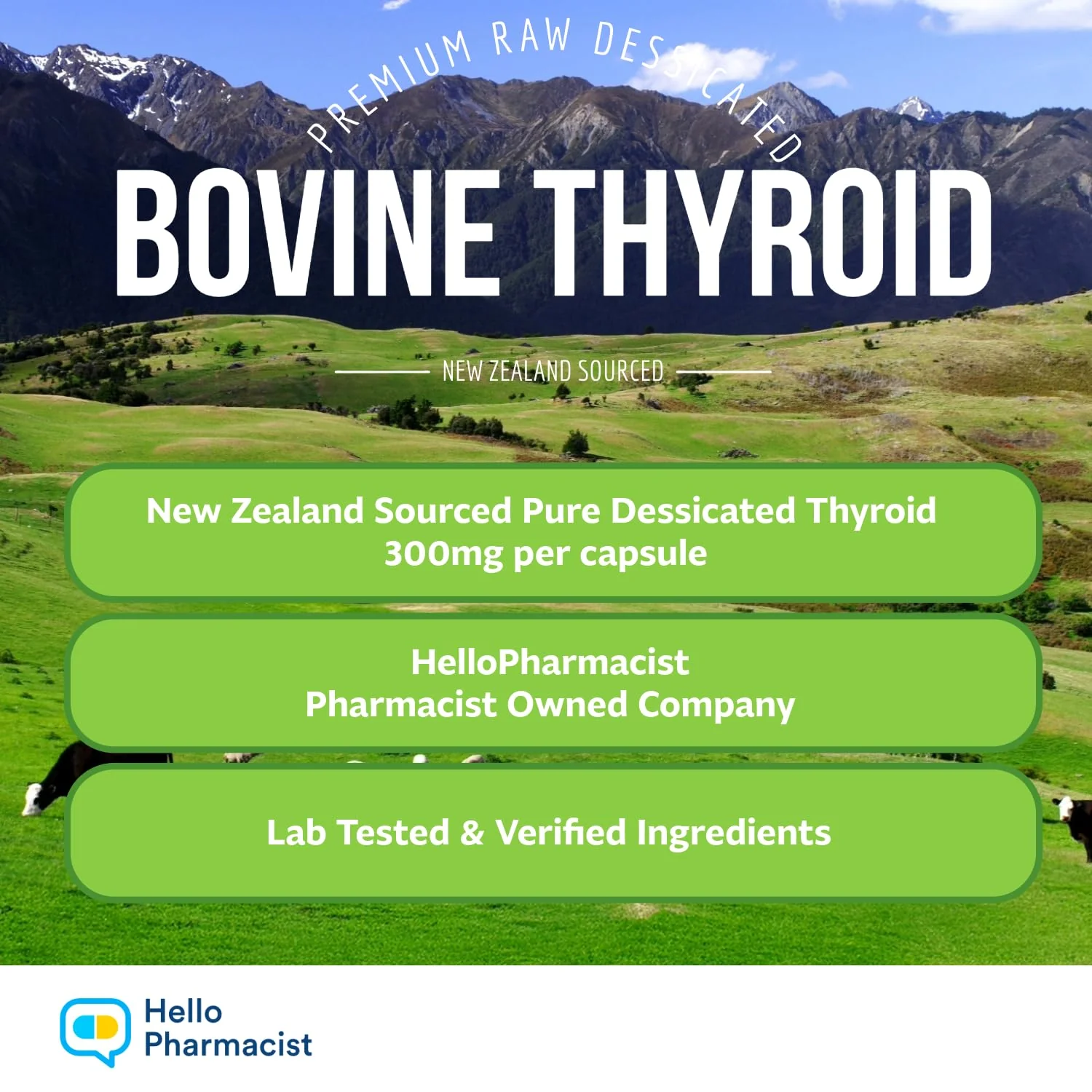 HelloPharmacist Raw Desiccated Bovine Thyroid 300mg Capsule – NZ Grass-Fed, Non-GMO, 60 Capsules - Image 3
