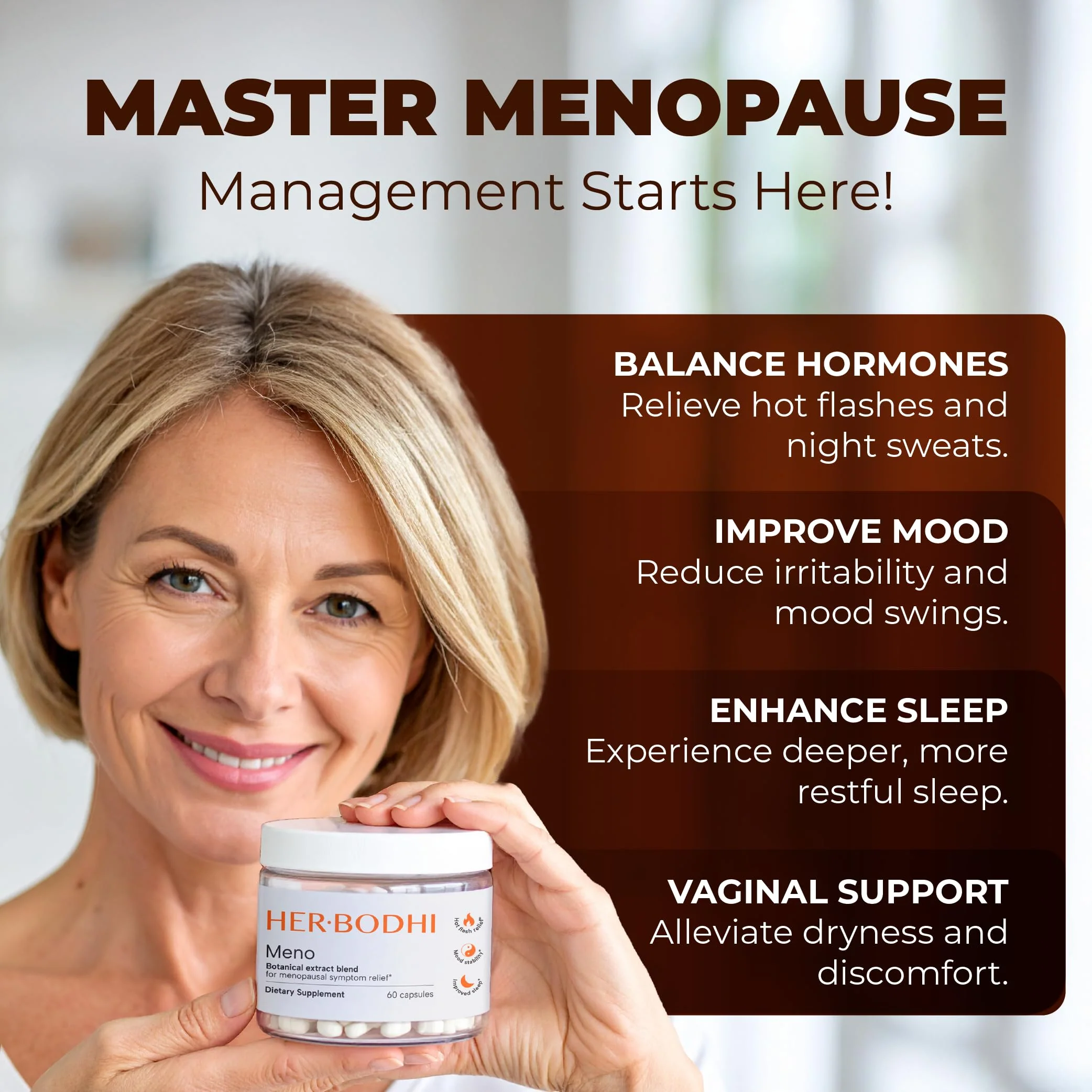 Her Bodhi MENO - Menopause Hormonal Balance Supplement for Women | Estrogen Soy Isoflavones, Ashwagandha, Holy Basil, Black Cohosh | 60 Capsules - Image 2