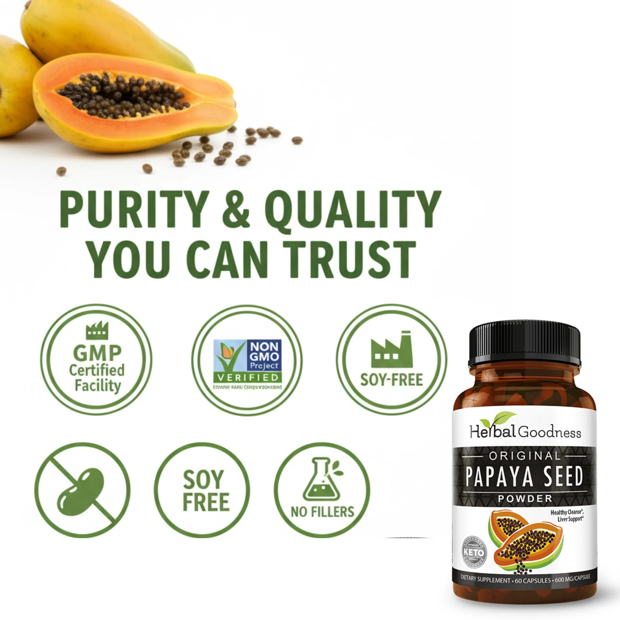 Herbal Goodness Papaya Seeds Powder Capsules – 600mg x 60, Organic Papain Enzymes for Digestion - Image 17