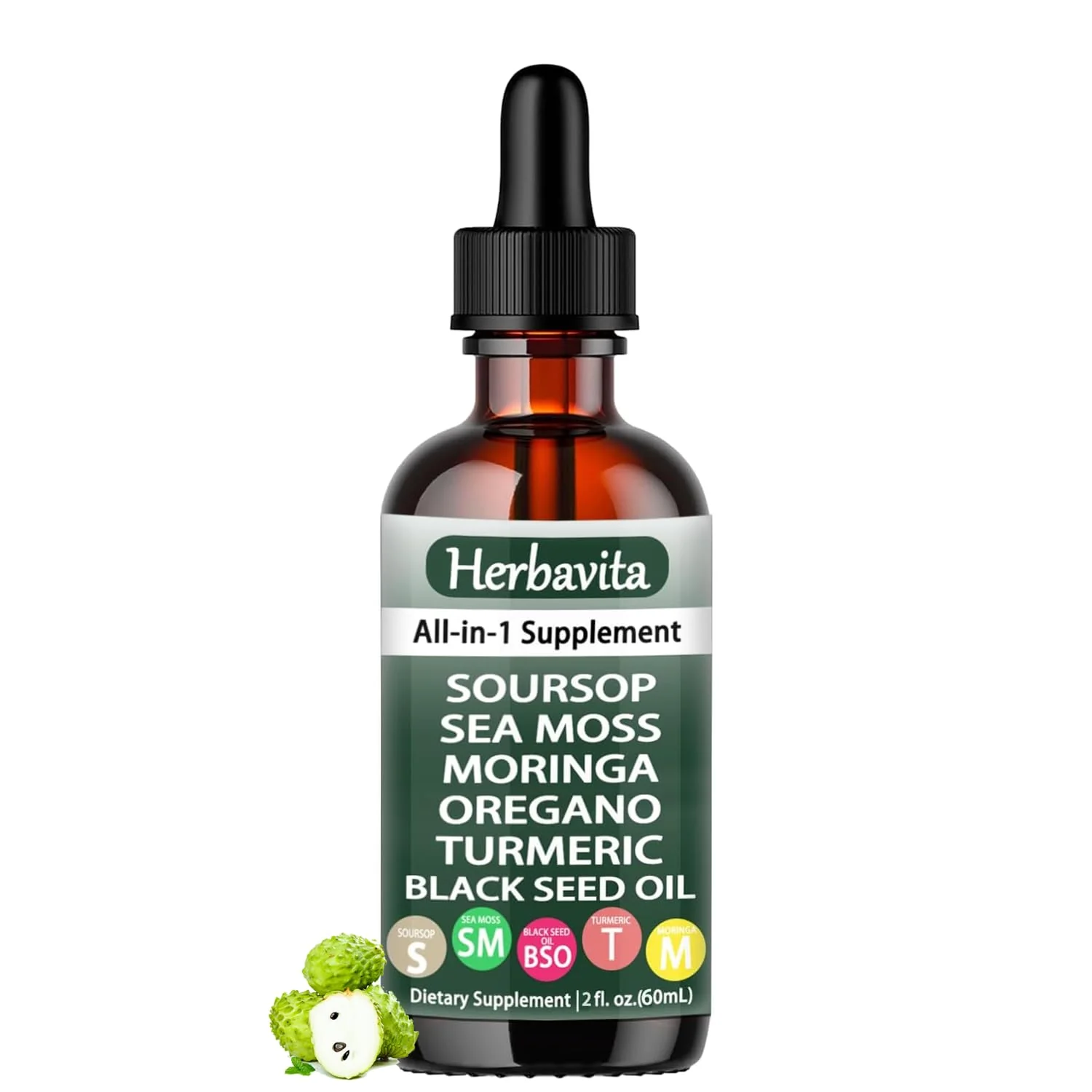 Herbavita Soursop Liquid Drops 10-in-1 | Sea Moss, Moringa, Turmeric & Black Seed Oil | Vegan, Non-GMO