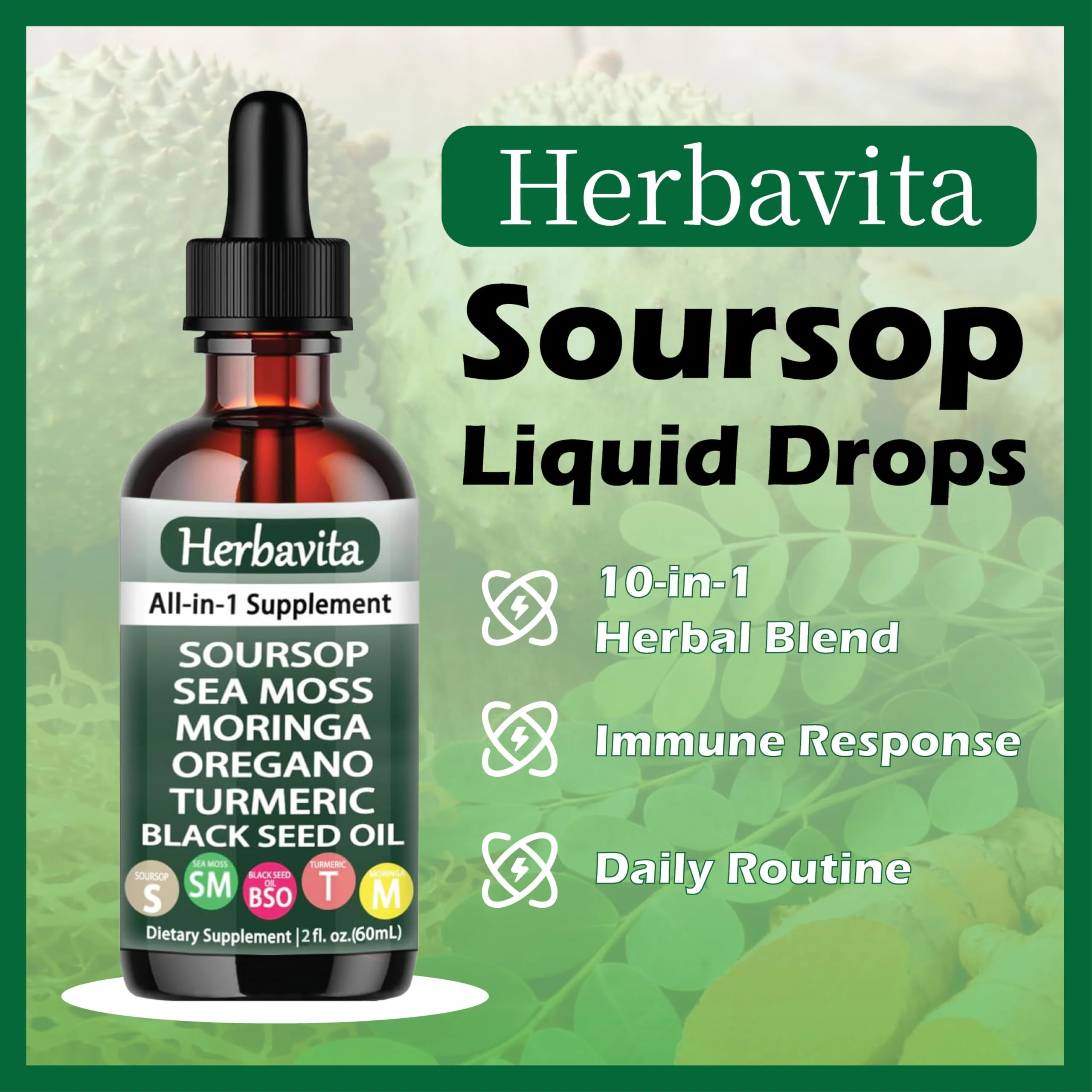 Herbavita Soursop Liquid Drops 10-in-1 | Sea Moss, Moringa, Turmeric & Black Seed Oil | Vegan, Non-GMO - Image 2