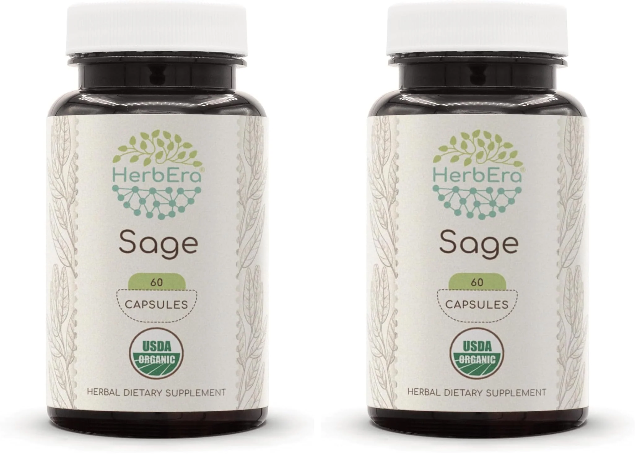 HerbEra Sage USDA Organic 60 Capsules | Natural Herbal Supplement | Certified Organic Sage (Salvia officinalis) Dried Leaf – Pack of 2