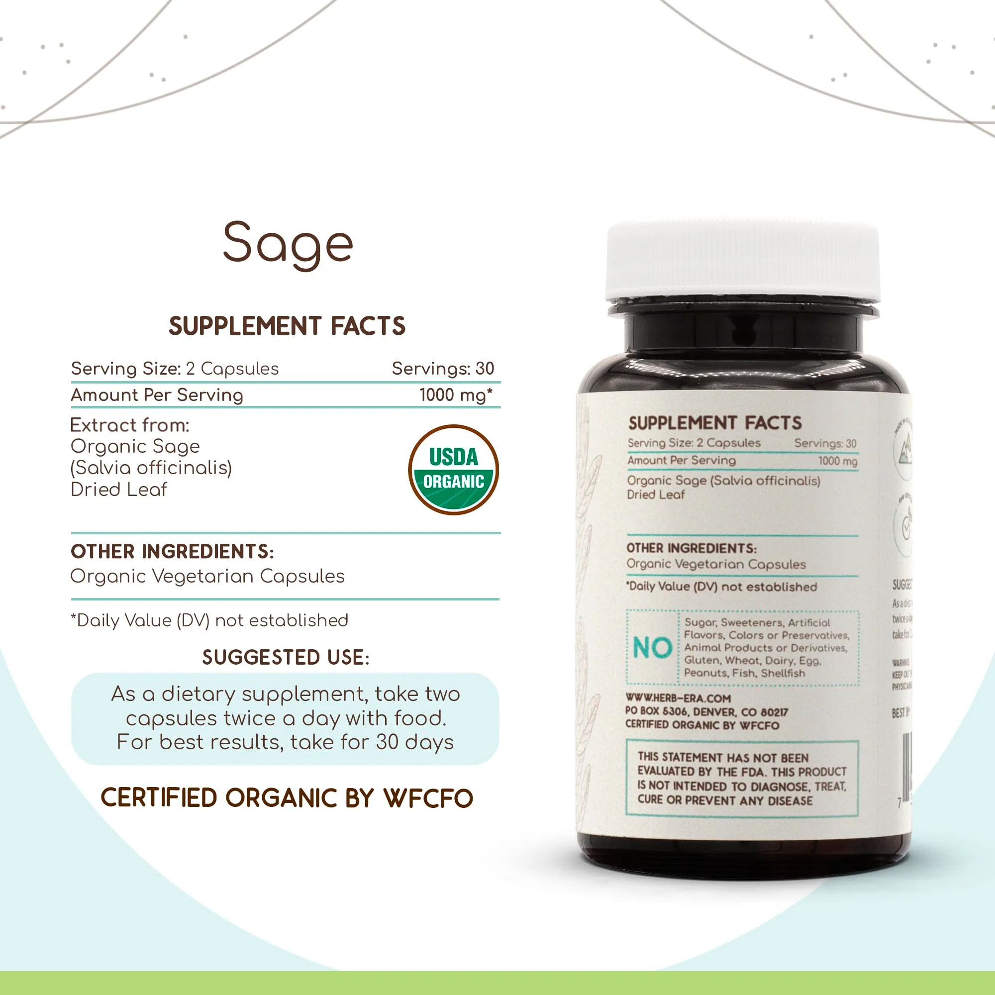 HerbEra Sage USDA Organic 60 Capsules | Natural Herbal Supplement | Certified Organic Sage (Salvia officinalis) Dried Leaf – Pack of 2 - Image 4