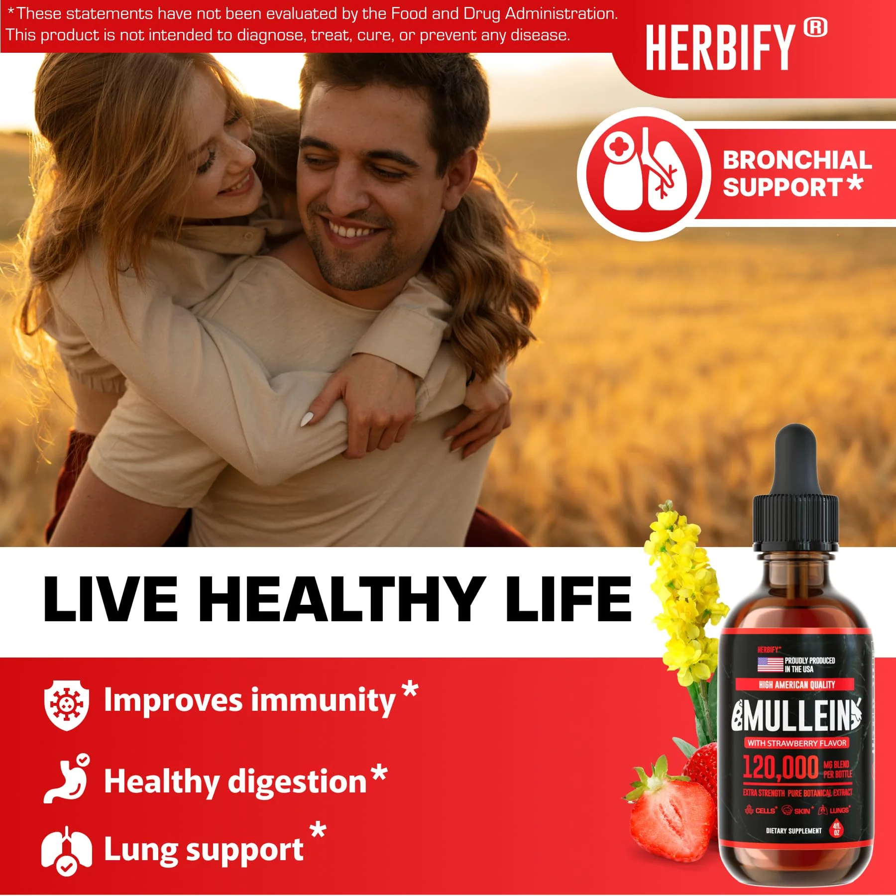 HERBIFY Mullein Drops - Lung Cleanse & Respiratory Support - Strawberry Flavor, 4 oz - Made in USA - Image 3