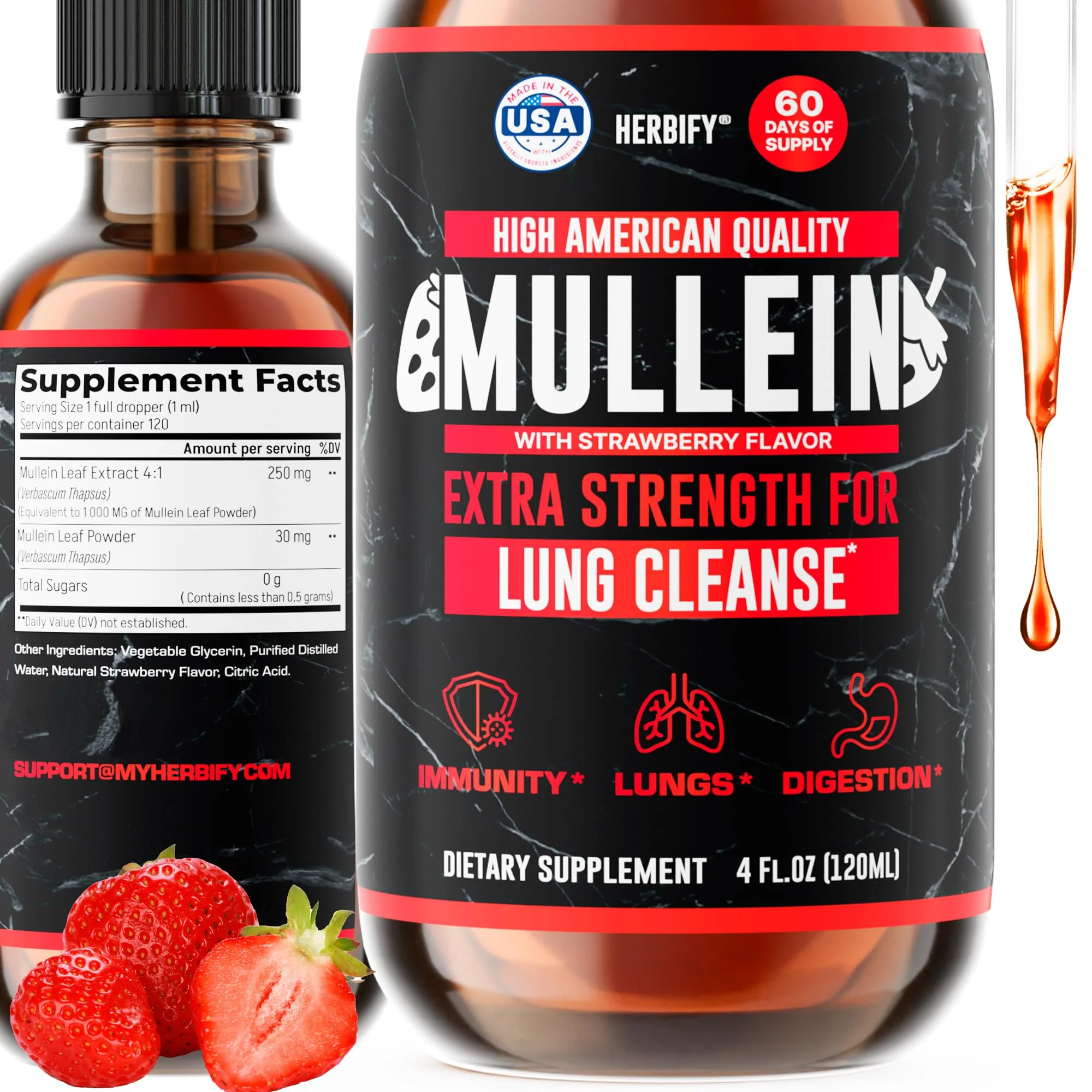 HERBIFY Mullein Drops - Lung Cleanse & Respiratory Support - Strawberry Flavor, 4 oz - Made in USA - Image 7