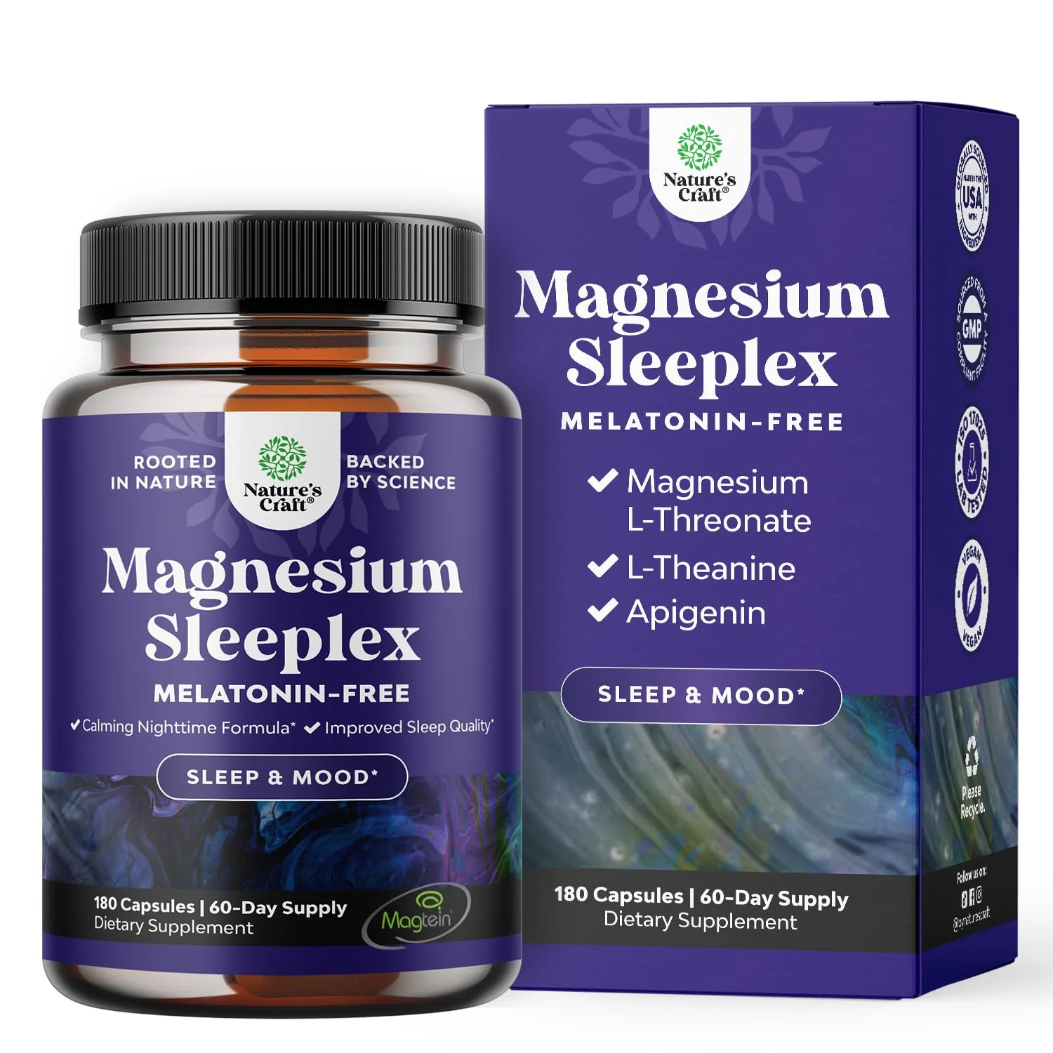 High Absorption Magnesium Sleep Supplement - Magtein L-Threonate + Apigenin Theanine for Rest (180 Ct)