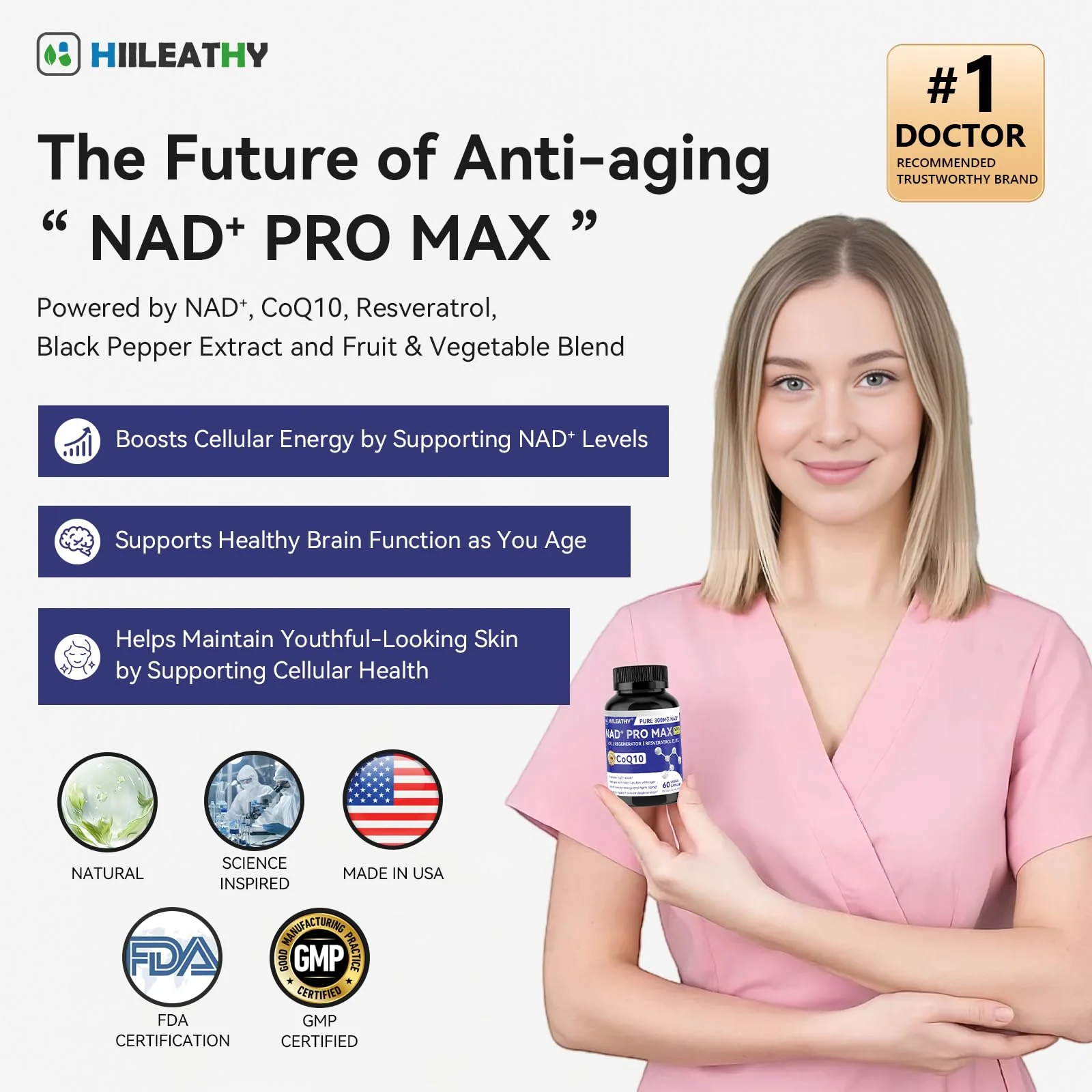 HIILEATHY NAD+ Supplement with Resveratrol & CoQ10 — 60 Capsules (American-Made) - Image 2