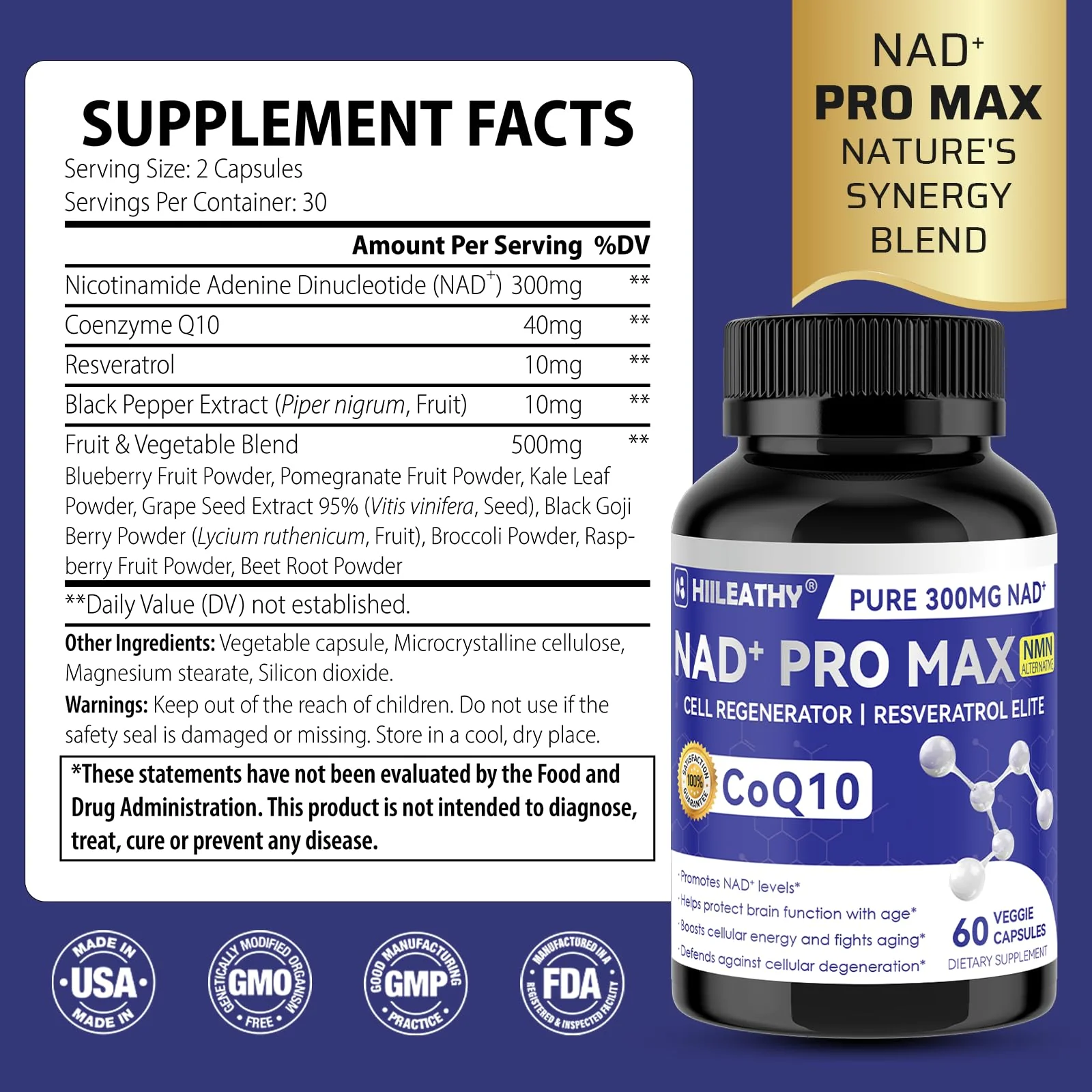 HIILEATHY NAD+ Supplement with Resveratrol & CoQ10 — 60 Capsules (American-Made) - Image 6