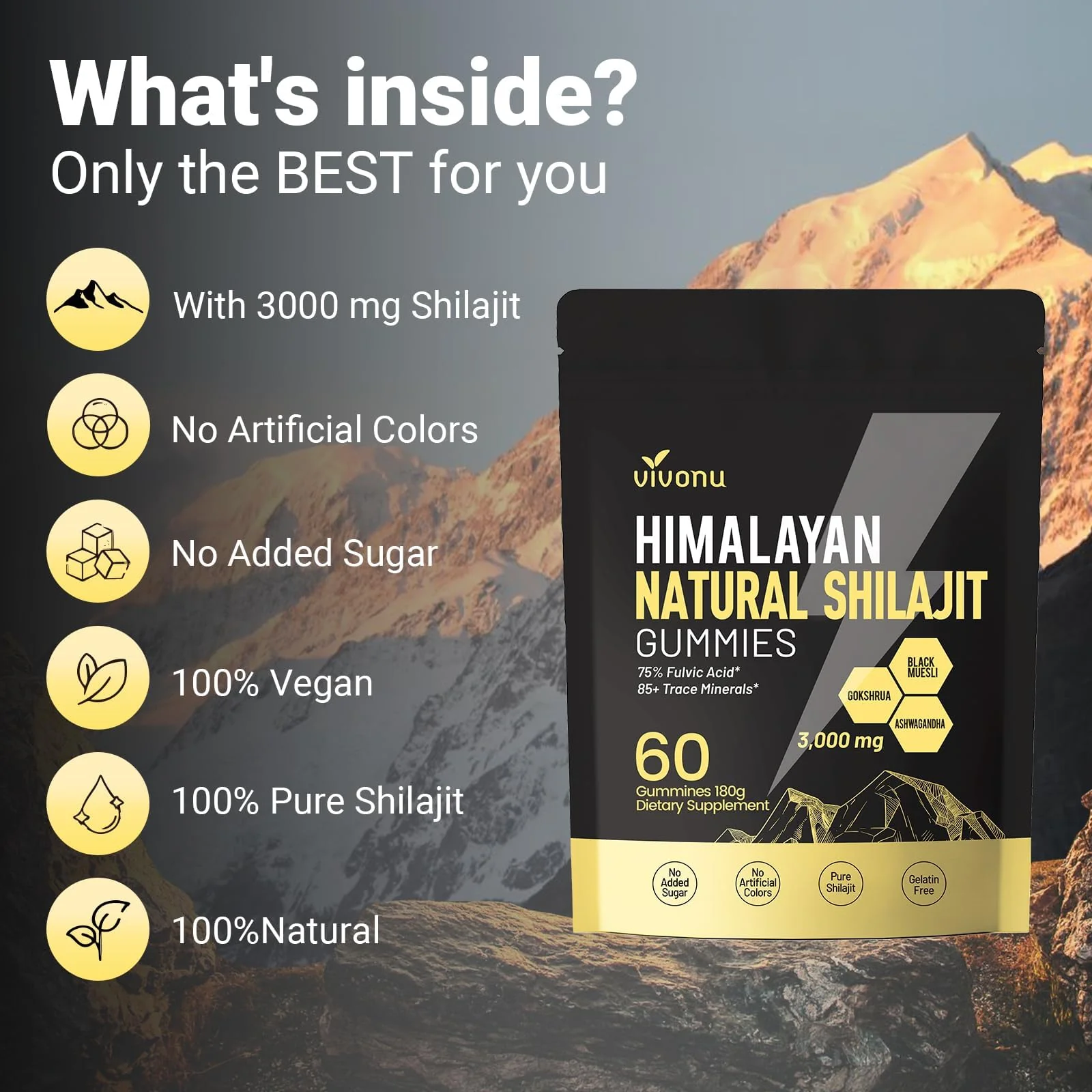 Himalayan Shilajit Gummies with Ashwagandha & Gokshura | 85+ Trace Minerals & Fulvic Acid | Organic, Non-GMO - Image 2
