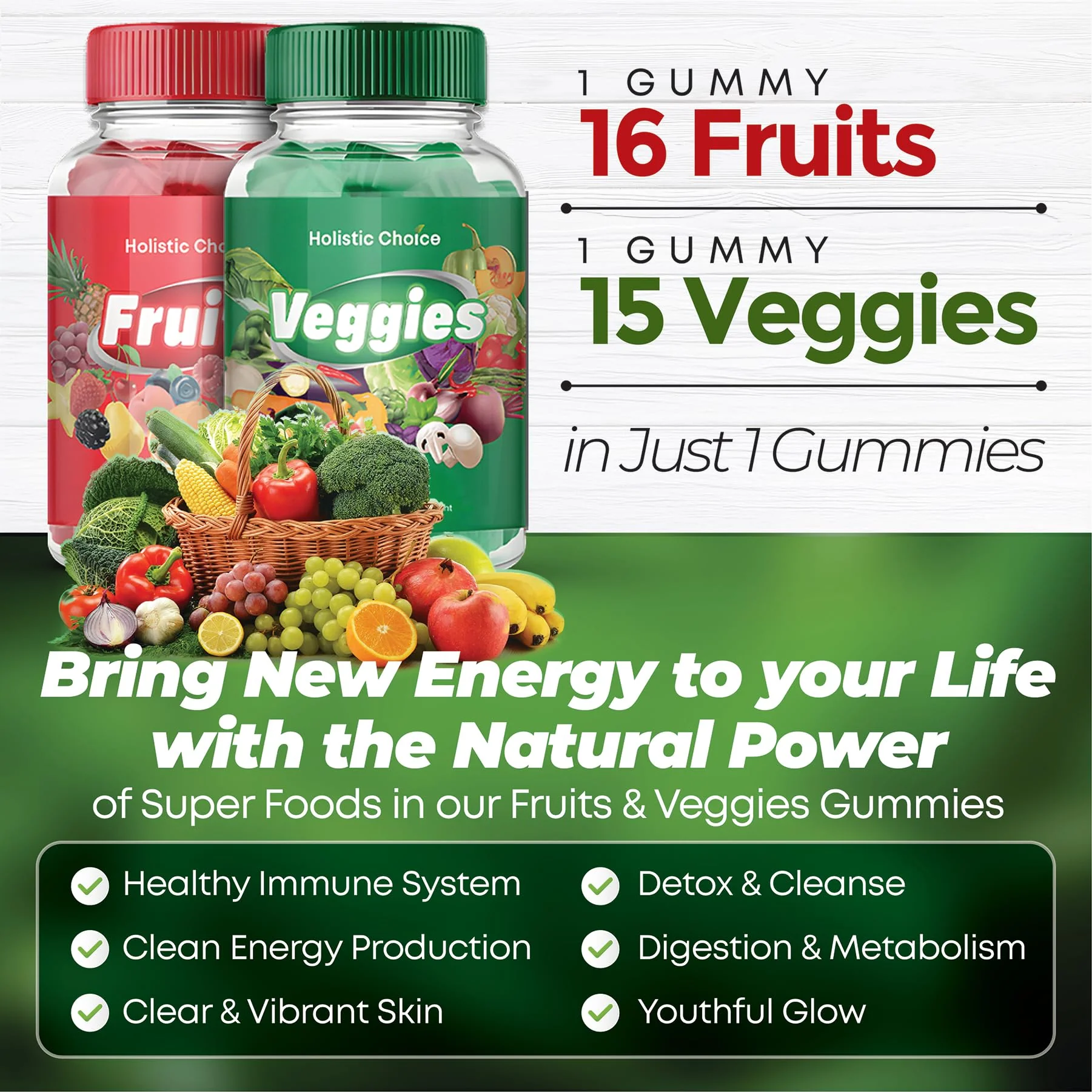 Holistic Choice Fruits & Veggies Gummies - Dual Pack Vitamin Gummies for Adults & Kids | Made in USA - Image 7