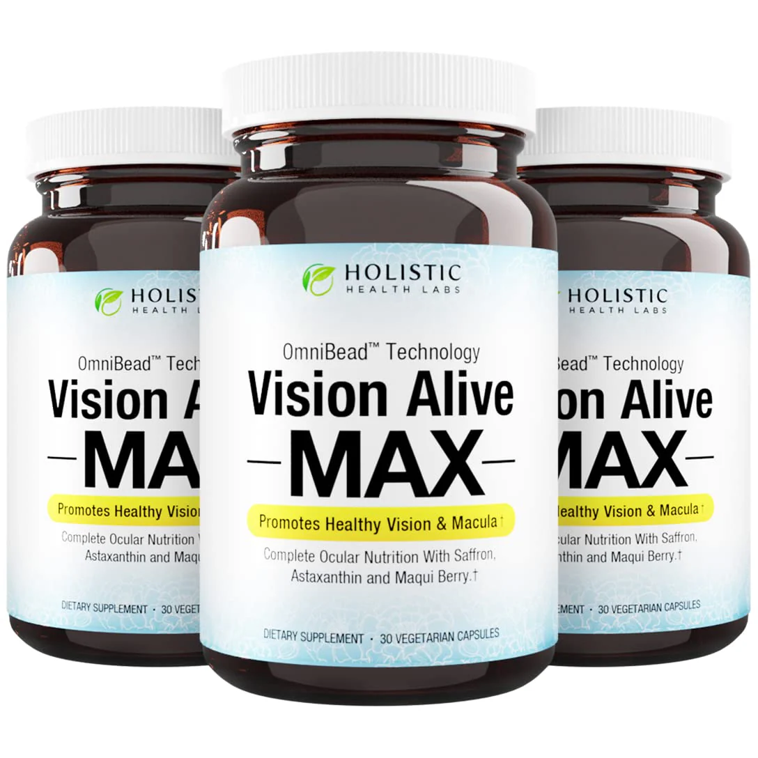 Holistic Health Labs Vision Alive Max – 8 Natural Eye Health Ingredients (Lutemax 2020, Bilberries, Blueberries, C3G from Black Currant, Maqui Berry, Saffron, Astaxanthin) – Pack of 3
