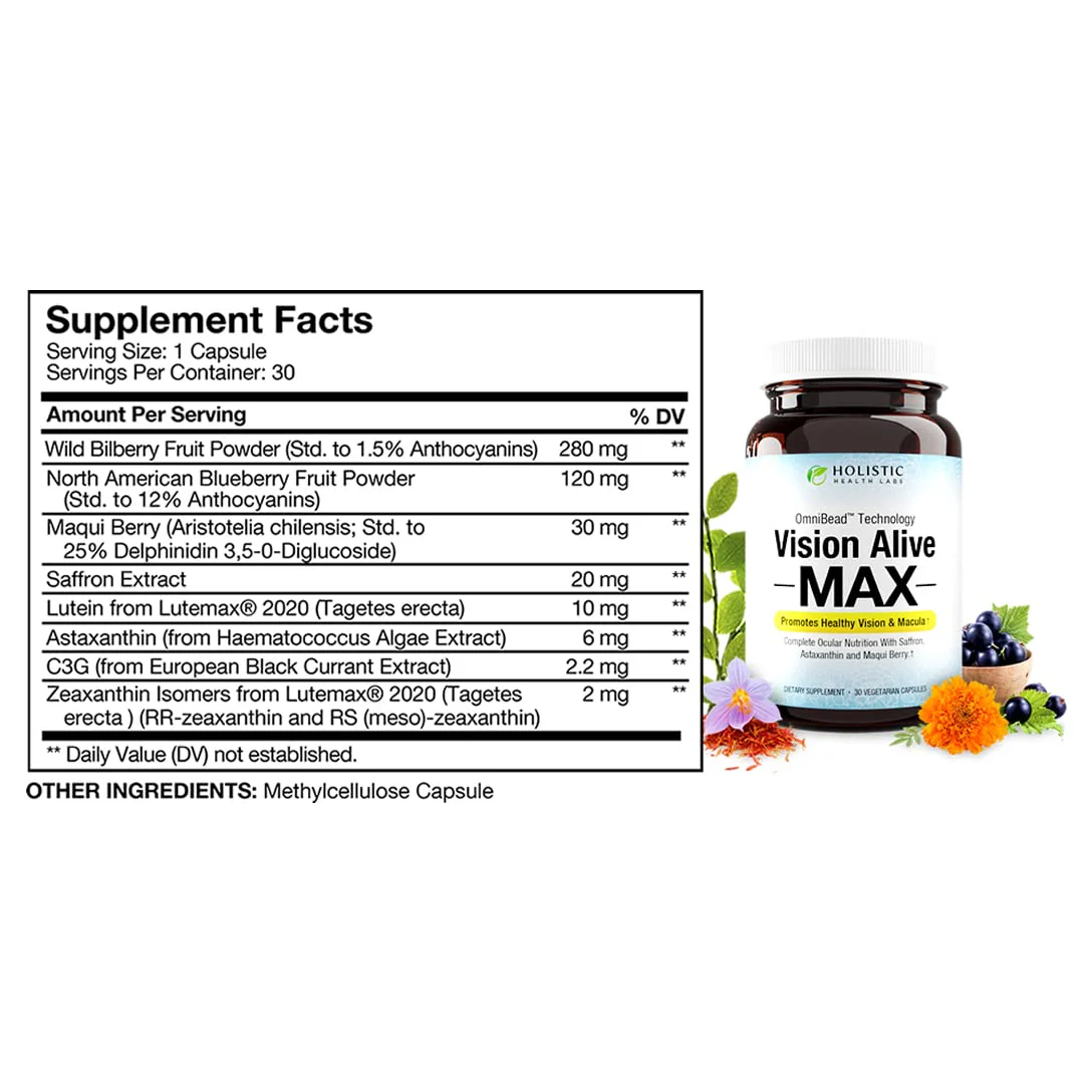 Holistic Health Labs Vision Alive Max – 8 Natural Eye Health Ingredients (Lutemax 2020, Bilberries, Blueberries, C3G from Black Currant, Maqui Berry, Saffron, Astaxanthin) – Pack of 3 - Image 2